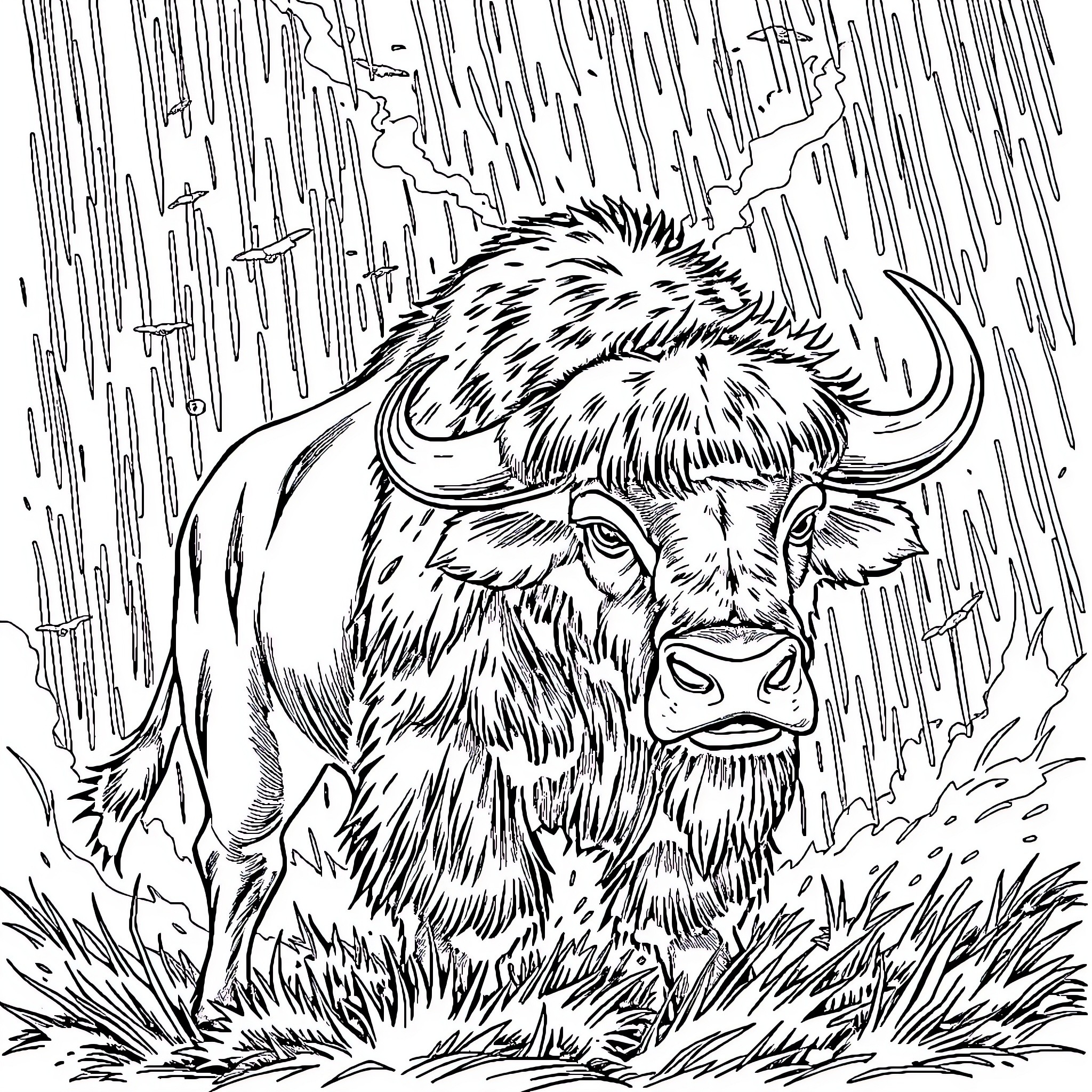 Buffalo standing in the rain Coloring Page (free black-and-white line drawing printable PDF for all, from beginners to advanced learners, including children, teens, adults, and seniors)