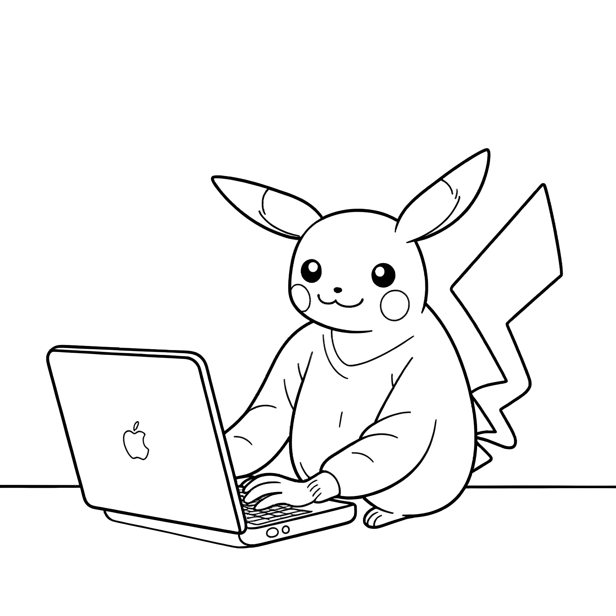 Pikachu using a laptop computer Coloring Page (free black-and-white line drawing printable PDF for all, from beginners to advanced learners, including children, teens, adults, and seniors)
