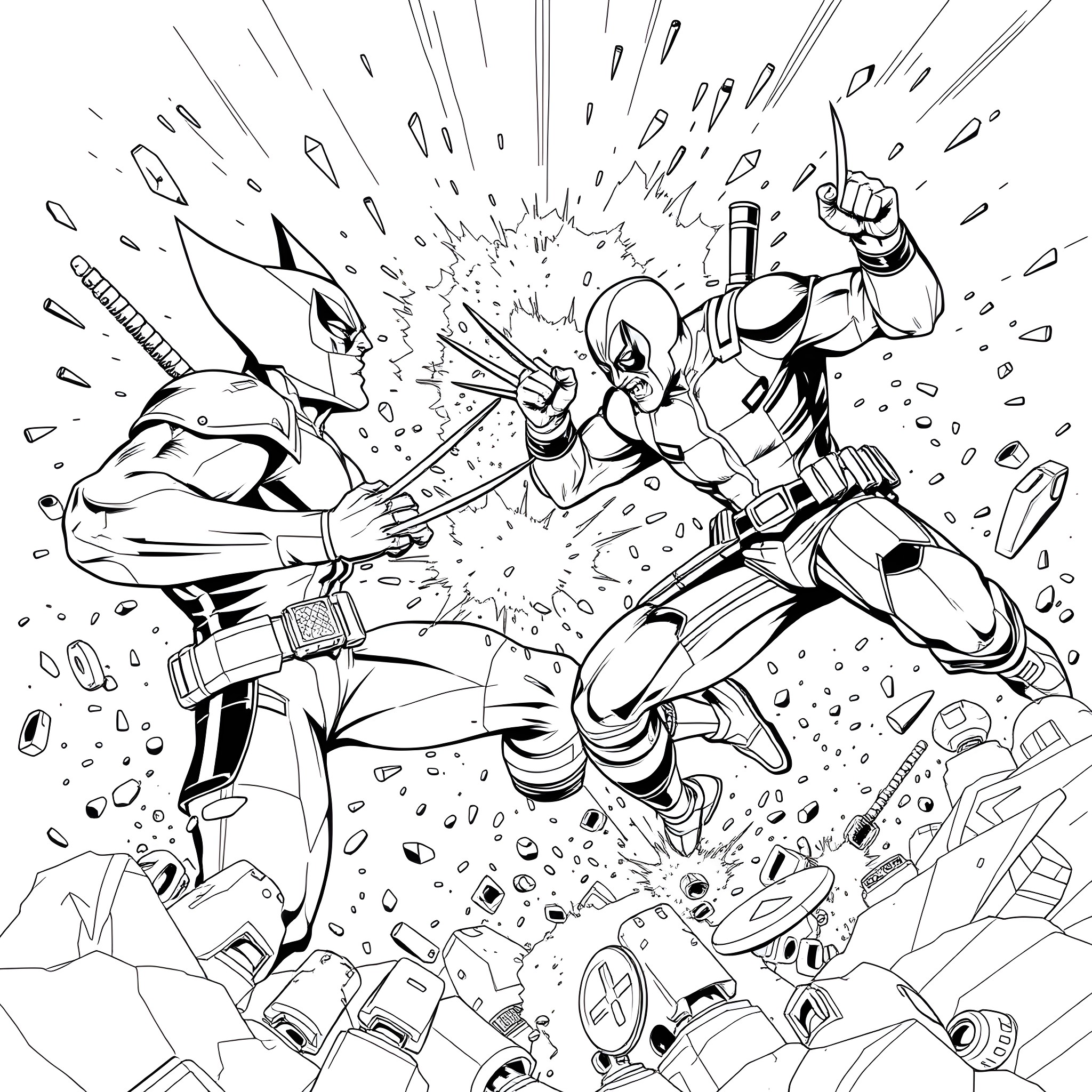 Wolverine in fierce battle with an enemy Coloring Page (free black-and-white line drawing printable PDF for all, from beginners to advanced learners, including children, teens, adults, and seniors)
