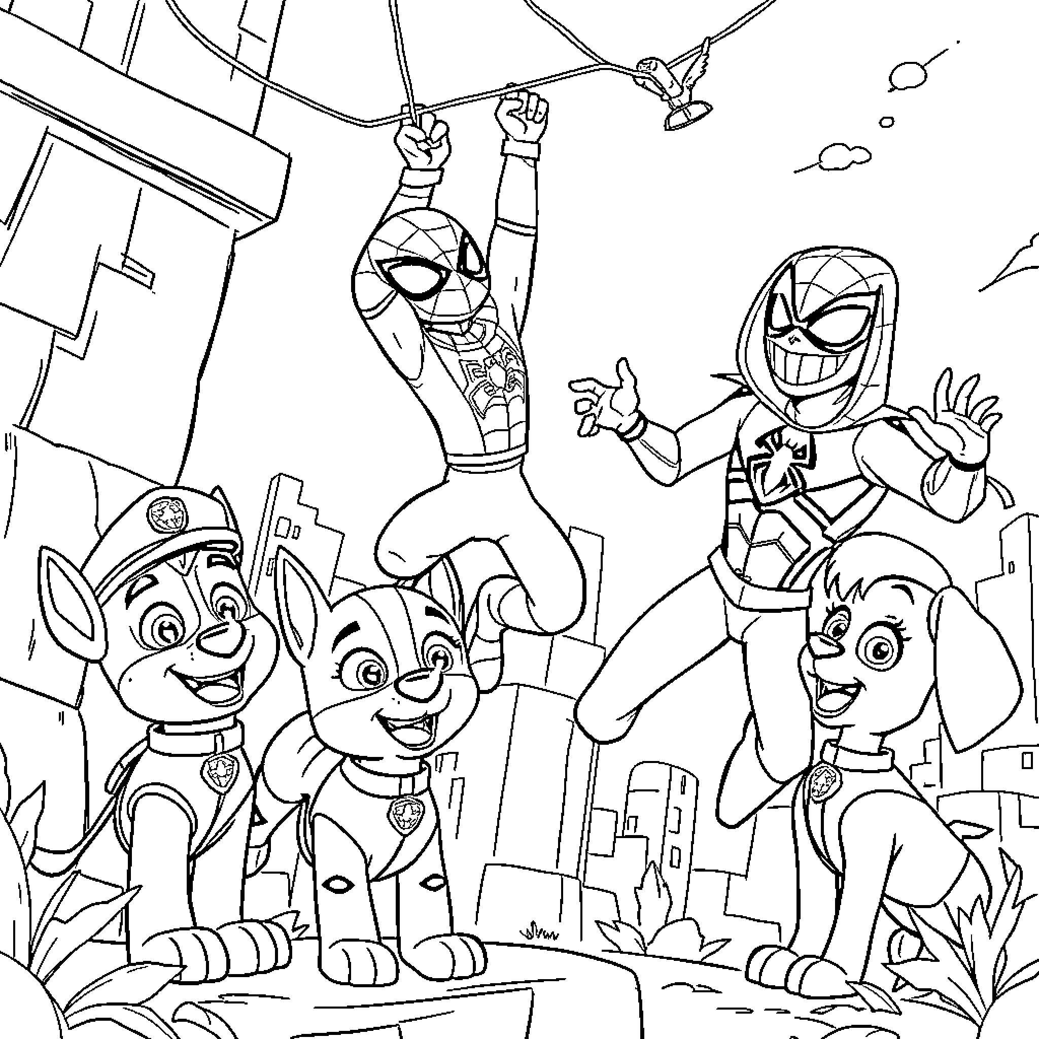 Paw Patrol team in action with superhero Coloring Page (free black-and-white line drawing printable PDF for all, from beginners to advanced learners, including children, teens, adults, and seniors)