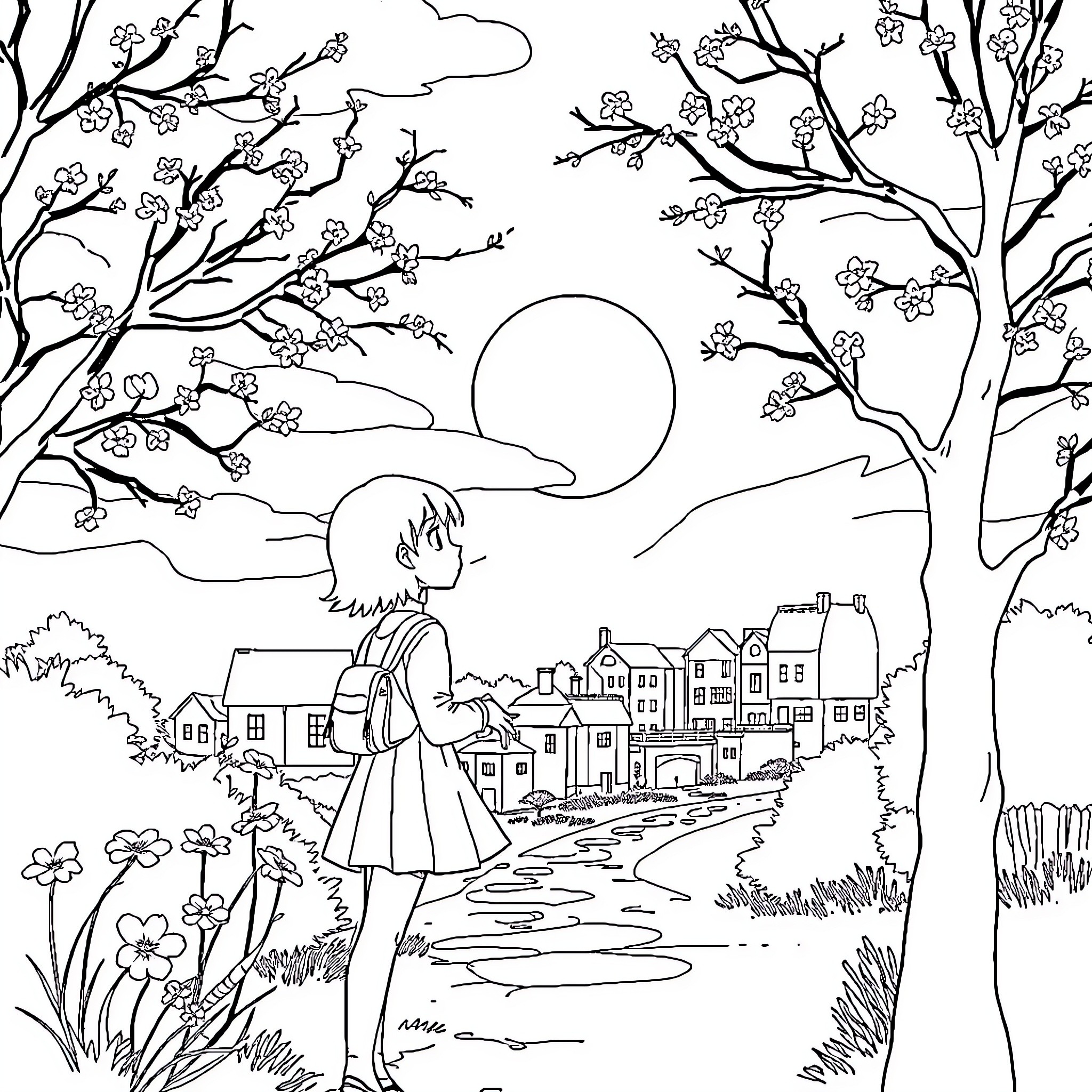 Boy enjoying the spring scenery in a quaint town Coloring Page (free black-and-white line drawing printable PDF for all, from beginners to advanced learners, including children, teens, adults, and seniors)