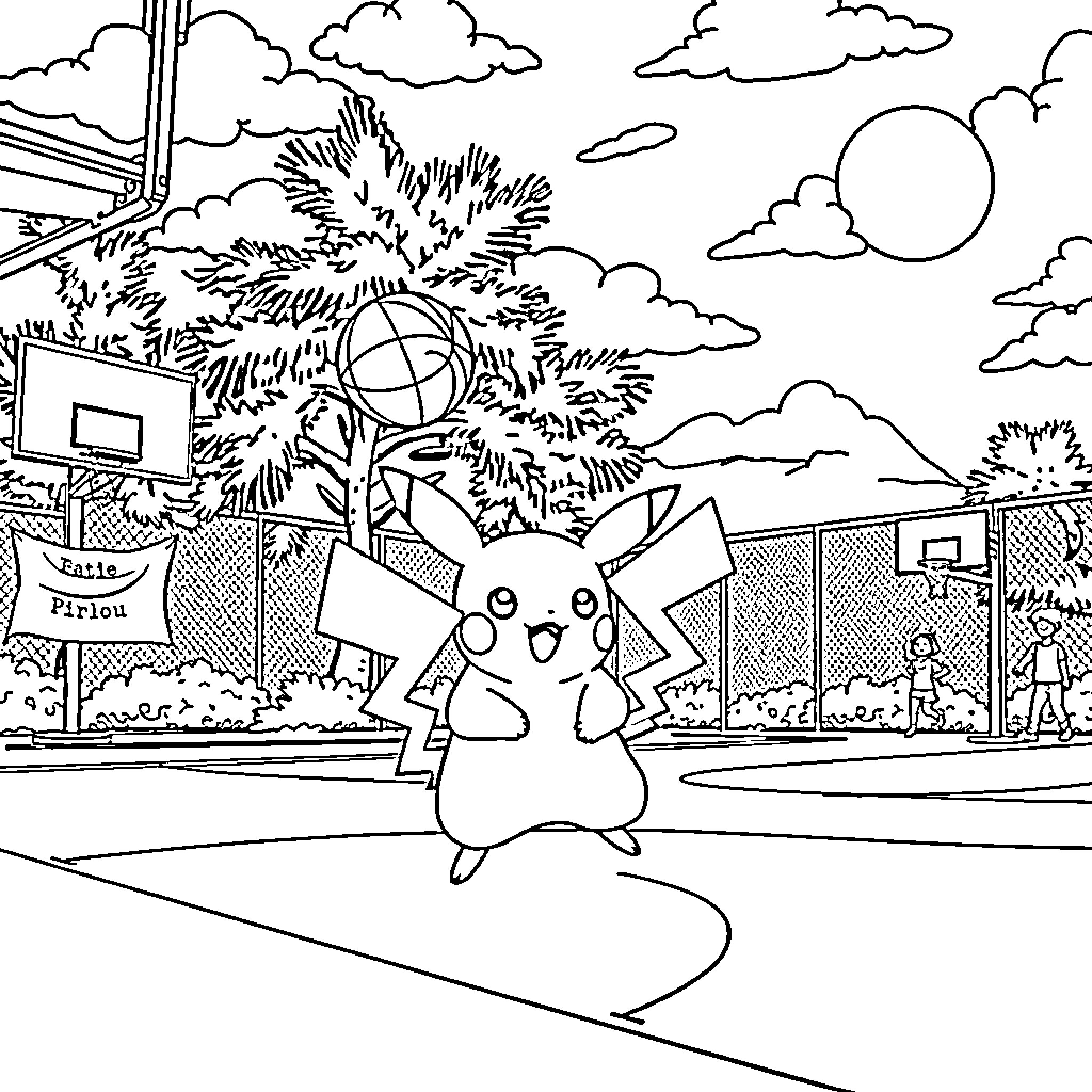 Pikachu playing basketball on the court Coloring Page (free black-and-white line drawing printable PDF for all, from beginners to advanced learners, including children, teens, adults, and seniors)
