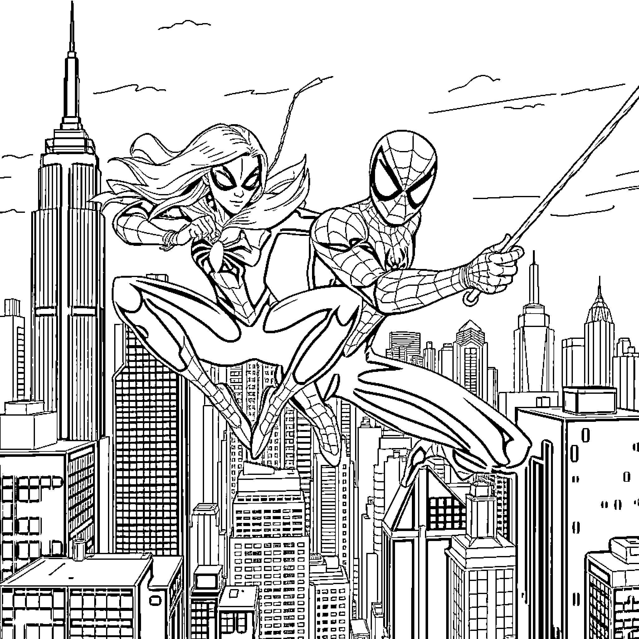 Spiderman and Spider-Gwen swinging through the city skyline Coloring Page (free black-and-white line drawing printable PDF for all, from beginners to advanced learners, including children, teens, adults, and seniors)