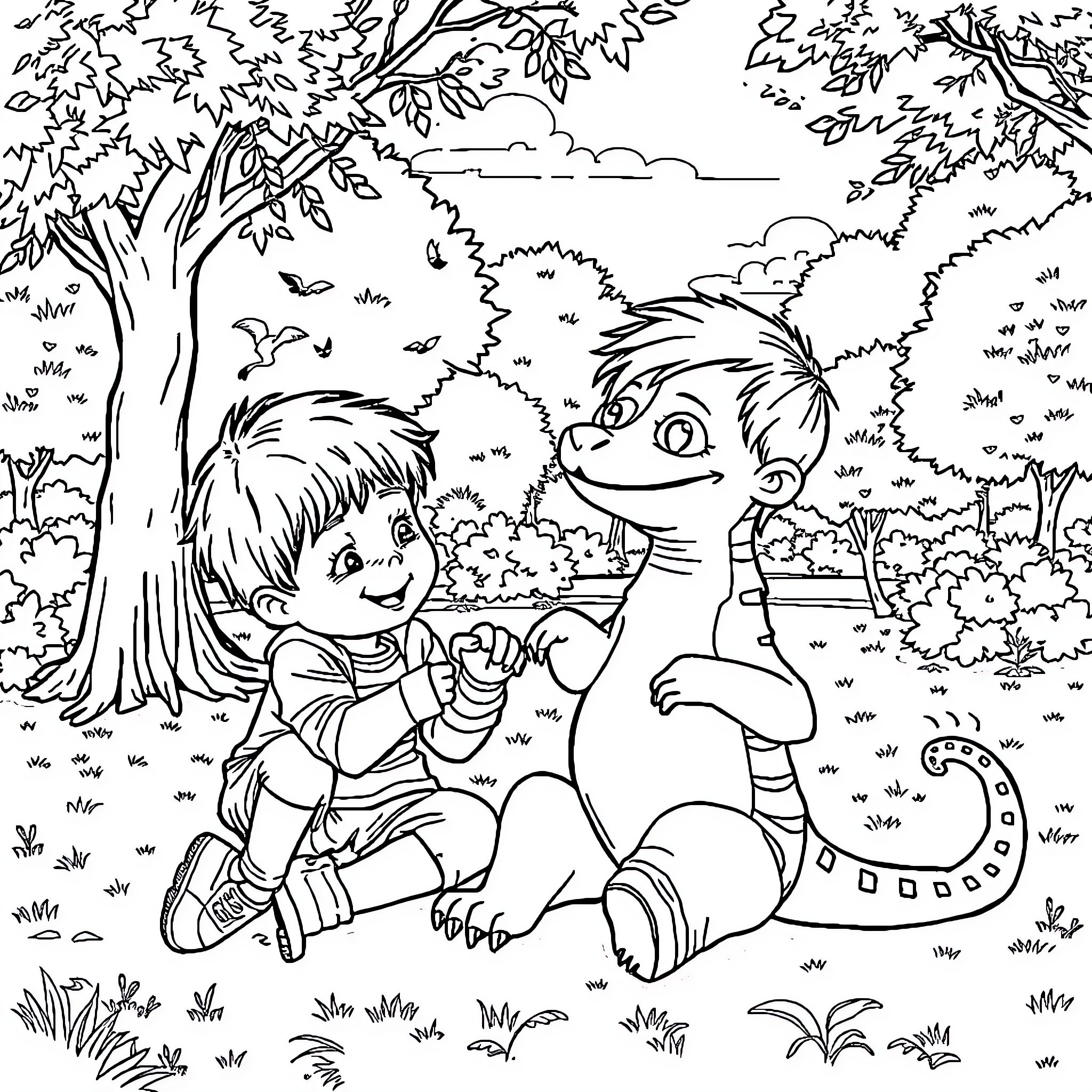 Child interacting with friendly creature in forest setting Coloring Page (free black-and-white line drawing printable PDF for all, from beginners to advanced learners, including children, teens, adults, and seniors)