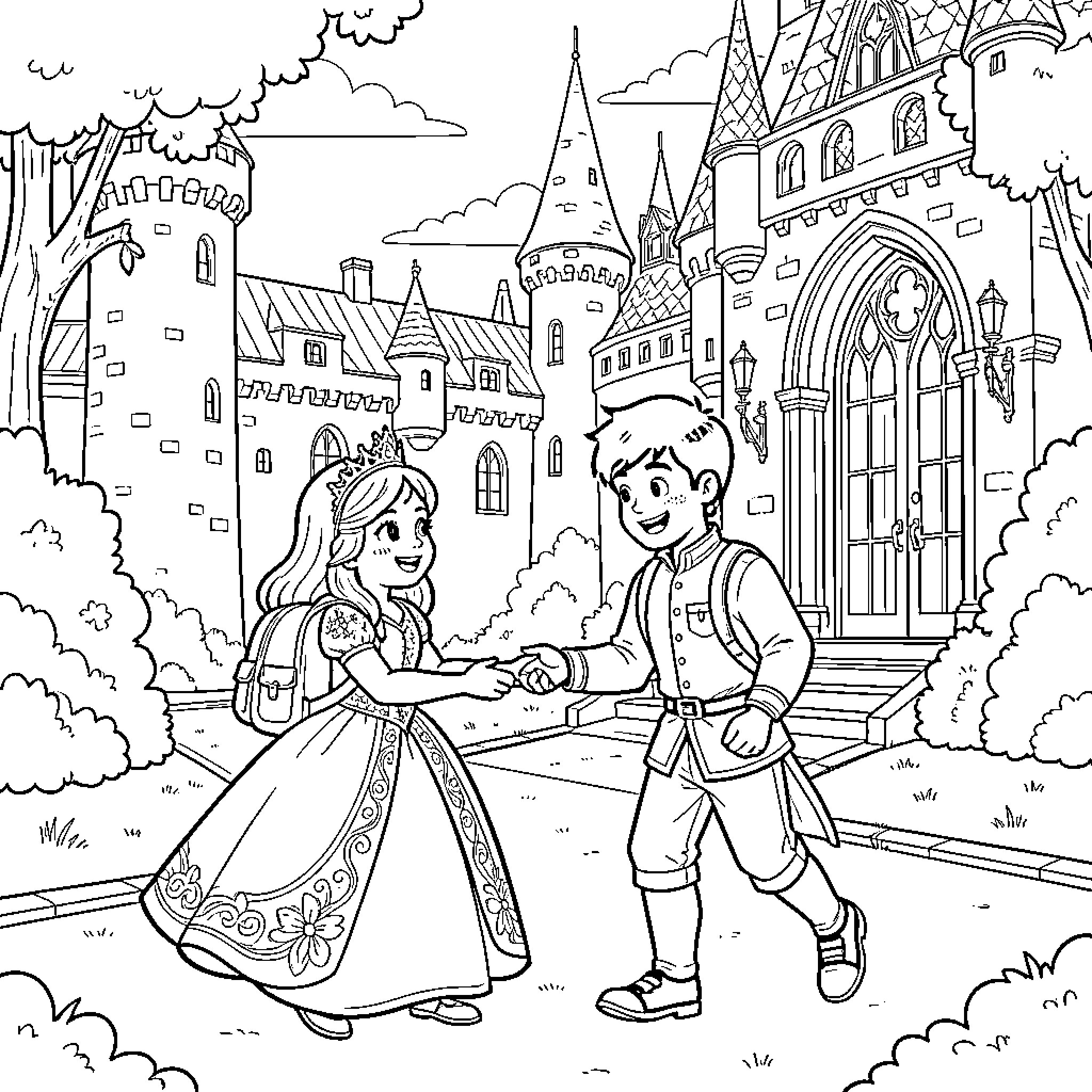 Princess meeting a young prince in front of a castle Coloring Page (free black-and-white line drawing printable PDF for all, from beginners to advanced learners, including children, teens, adults, and seniors)