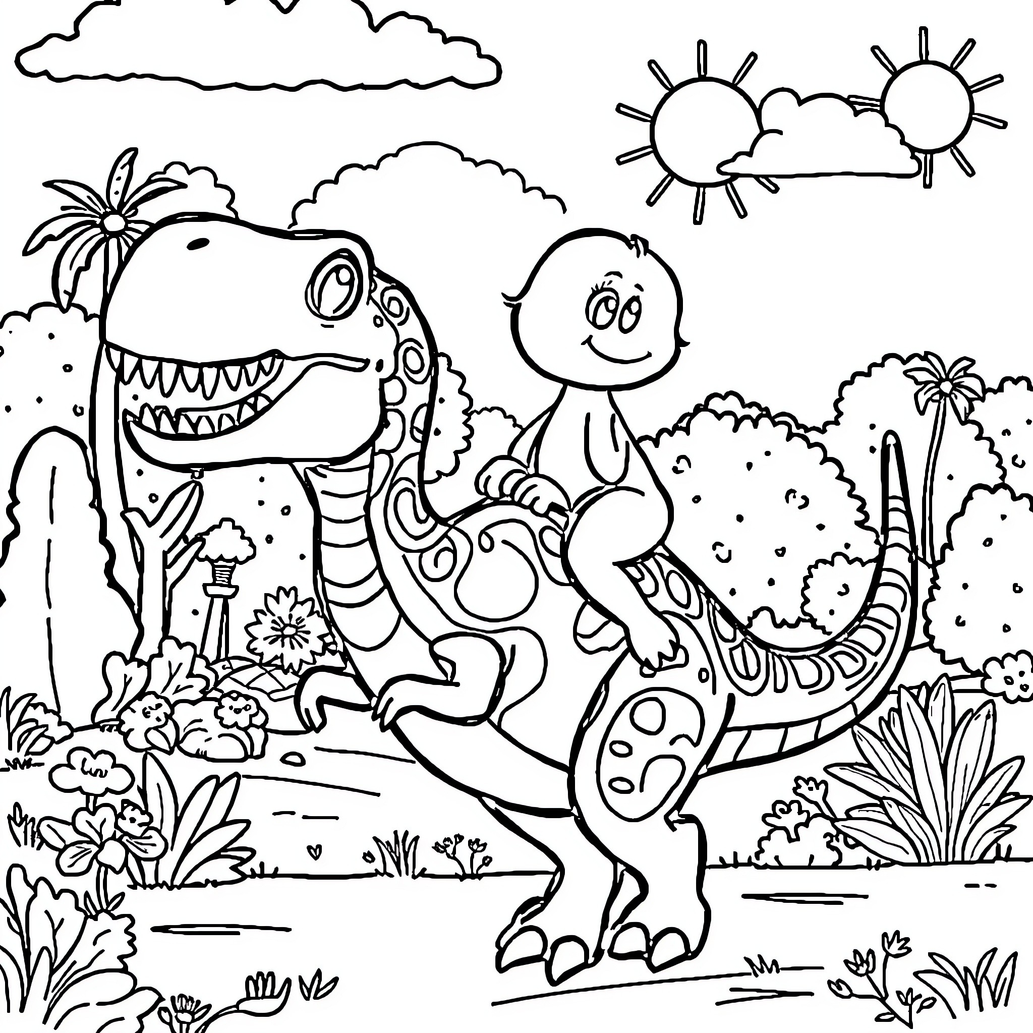 Bluey's Playful Adventure in the Prehistoric Park Coloring Page (free black-and-white line drawing printable PDF for all, from beginners to advanced learners, including children, teens, adults, and seniors)