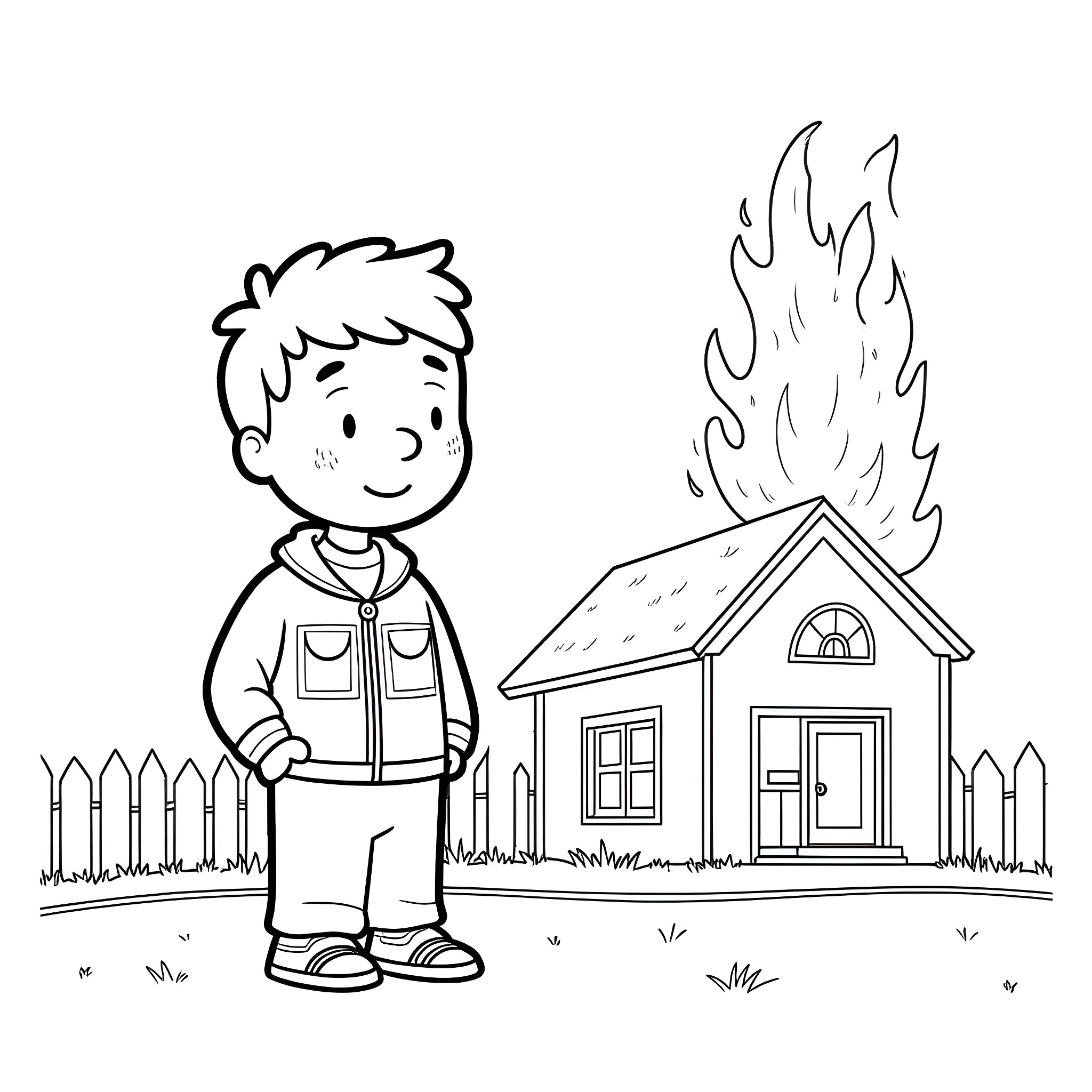 Jake standing near a burning house Coloring Page (free black-and-white line drawing printable PDF for all, from beginners to advanced learners, including children, teens, adults, and seniors)