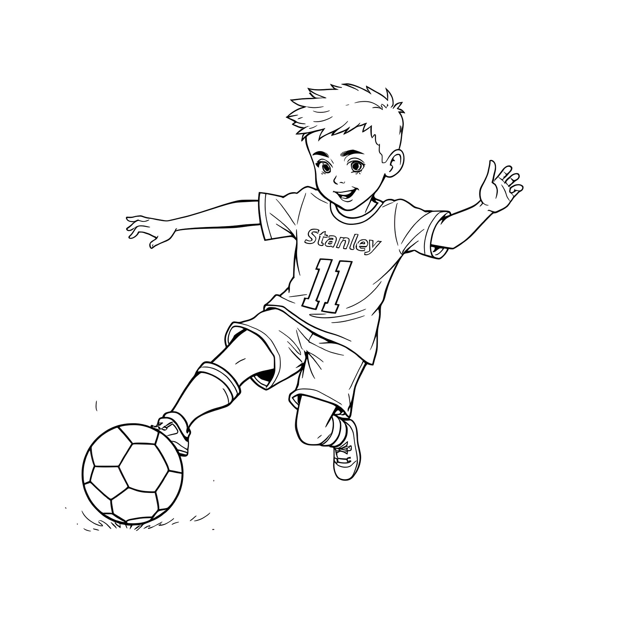 Boy playing joyfully with soccer ball Coloring Page (free black-and-white line drawing printable PDF for all, from beginners to advanced learners, including children, teens, adults, and seniors)