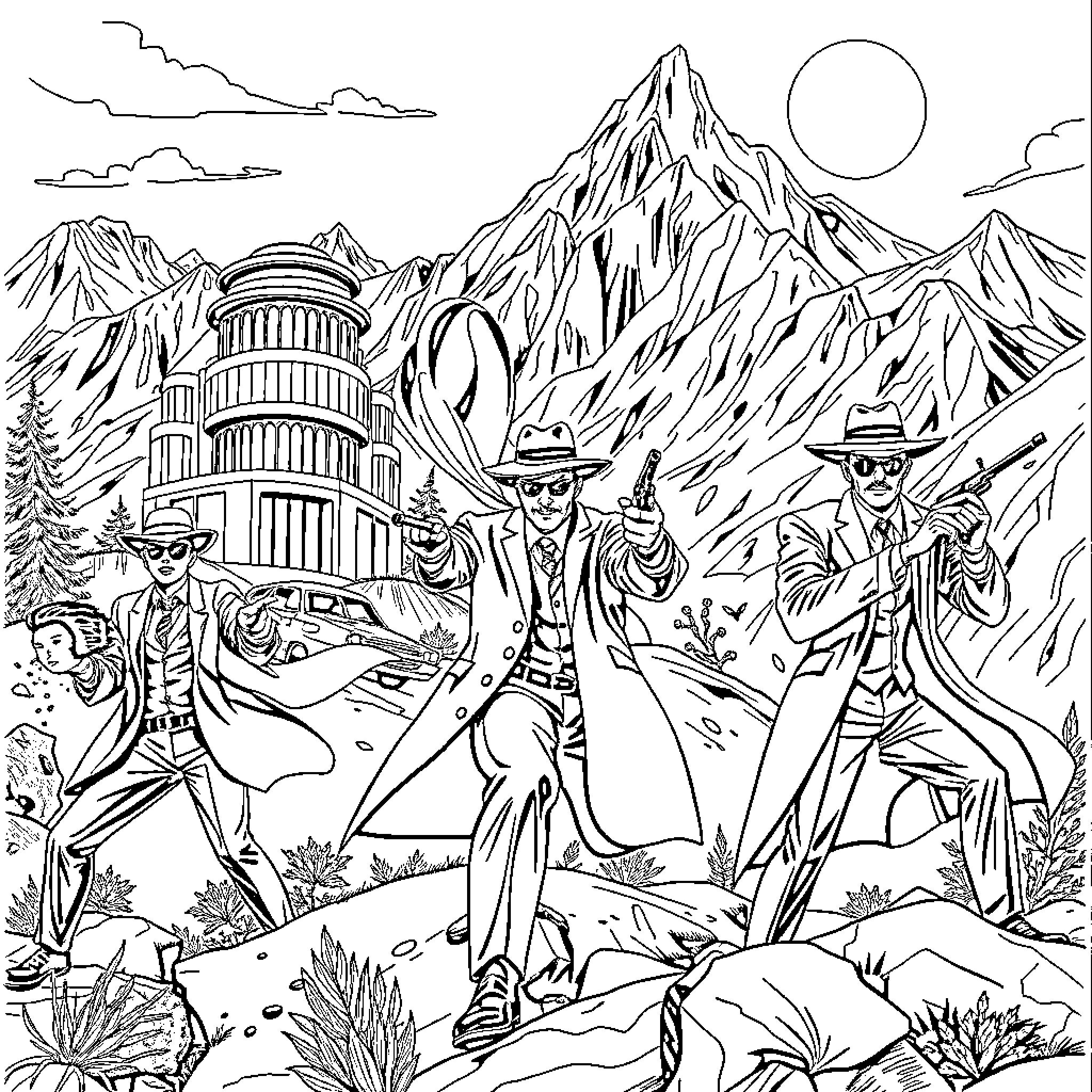 Mountain adventure with mysterious explorers Coloring Page (free black-and-white line drawing printable PDF for all, from beginners to advanced learners, including children, teens, adults, and seniors)