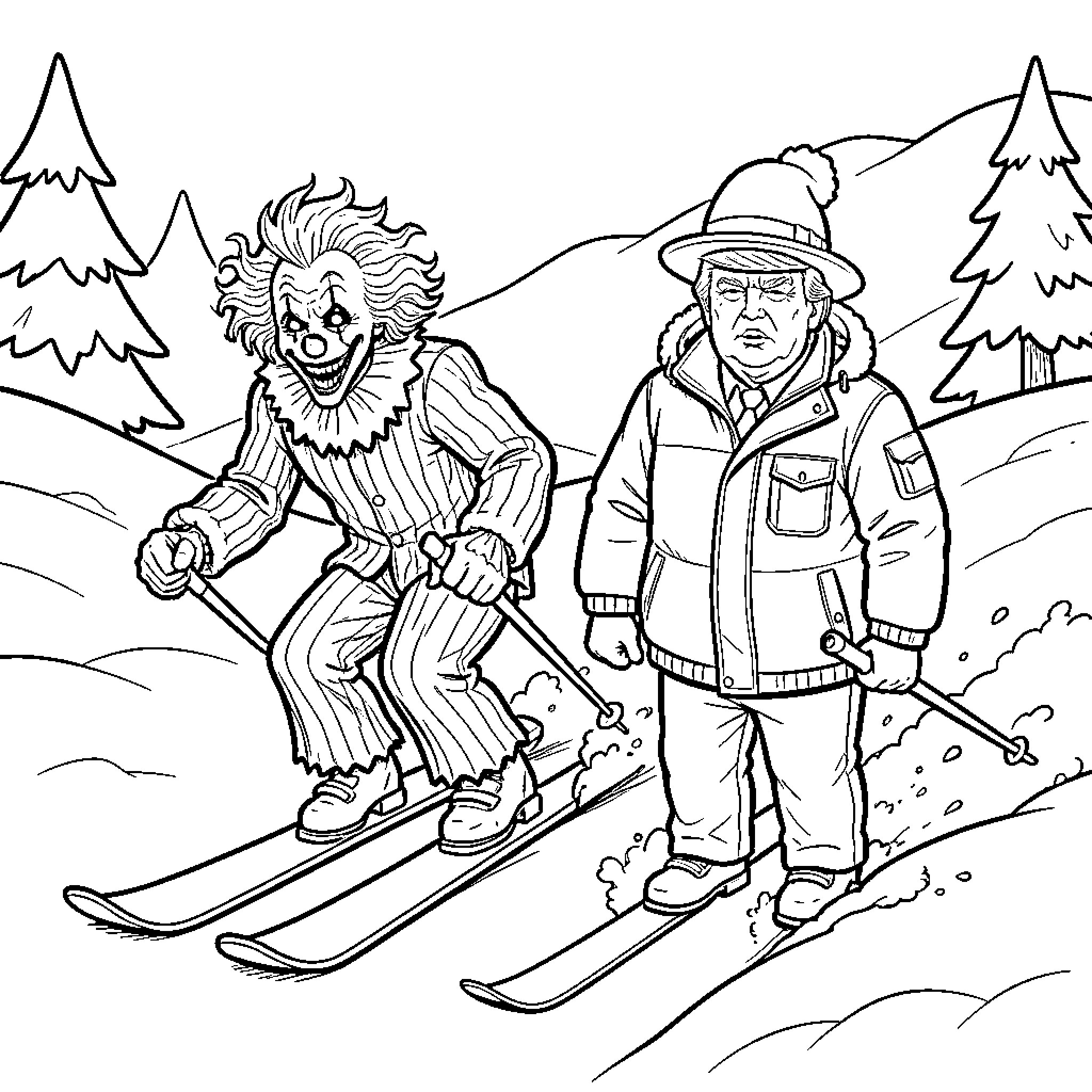 Pennywise the clown skiing alongside a man Coloring Page (free black-and-white line drawing printable PDF for all, from beginners to advanced learners, including children, teens, adults, and seniors)
