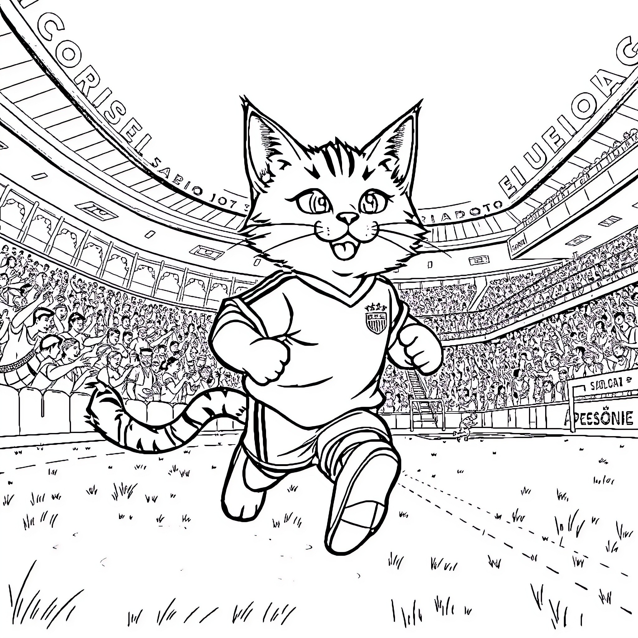 Cat athlete competing in sports event Coloring Page (free black-and-white line drawing printable PDF for all, from beginners to advanced learners, including children, teens, adults, and seniors)