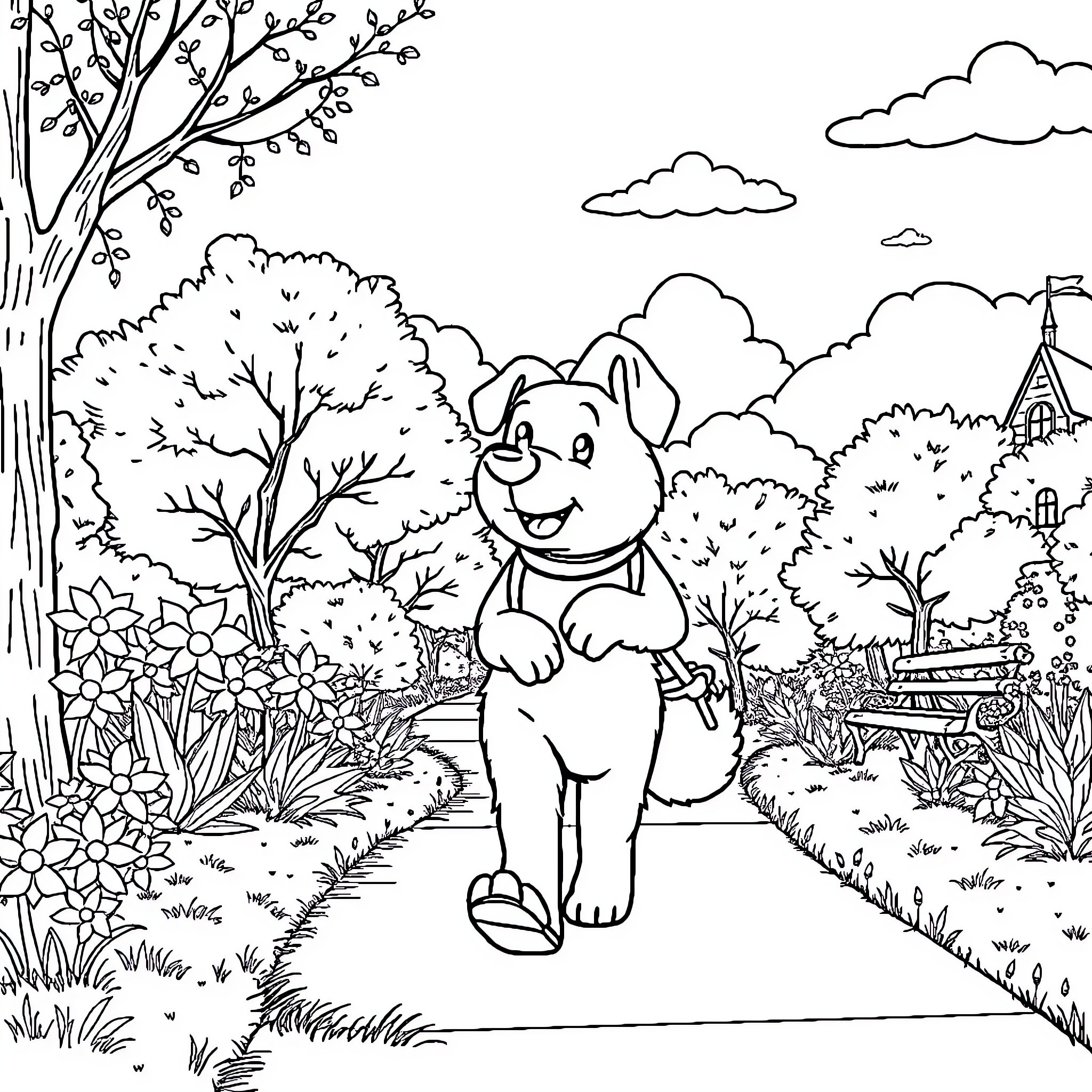 Filmore's Cheerful Outdoor Adventure Coloring Page (free black-and-white line drawing printable PDF for all, from beginners to advanced learners, including children, teens, adults, and seniors)