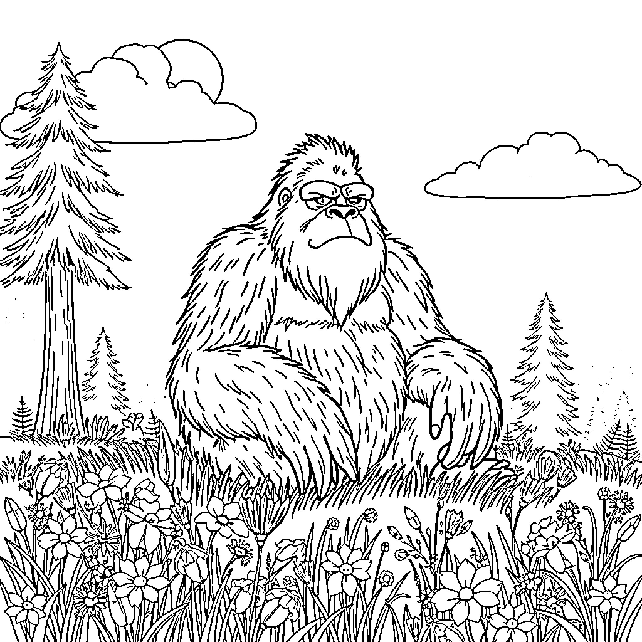 Bigfoot enjoying the wilderness scenery Coloring Page (free black-and-white line drawing printable PDF for all, from beginners to advanced learners, including children, teens, adults, and seniors)