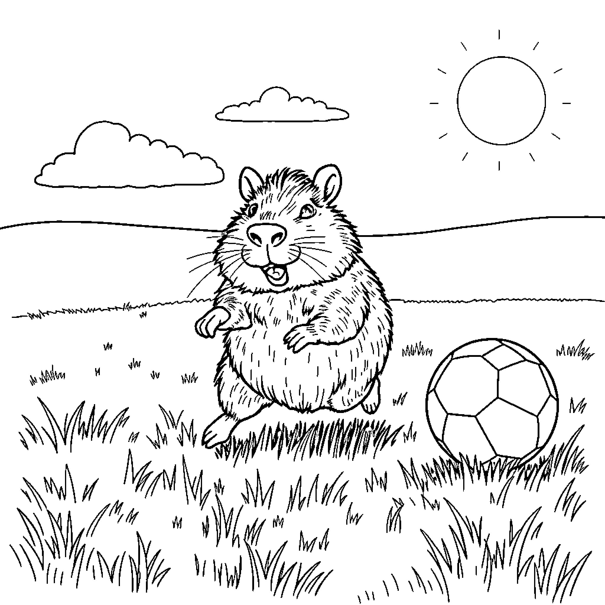 Capybara playing with soccer ball in sunny meadow Coloring Page (free black-and-white line drawing printable PDF for all, from beginners to advanced learners, including children, teens, adults, and seniors)