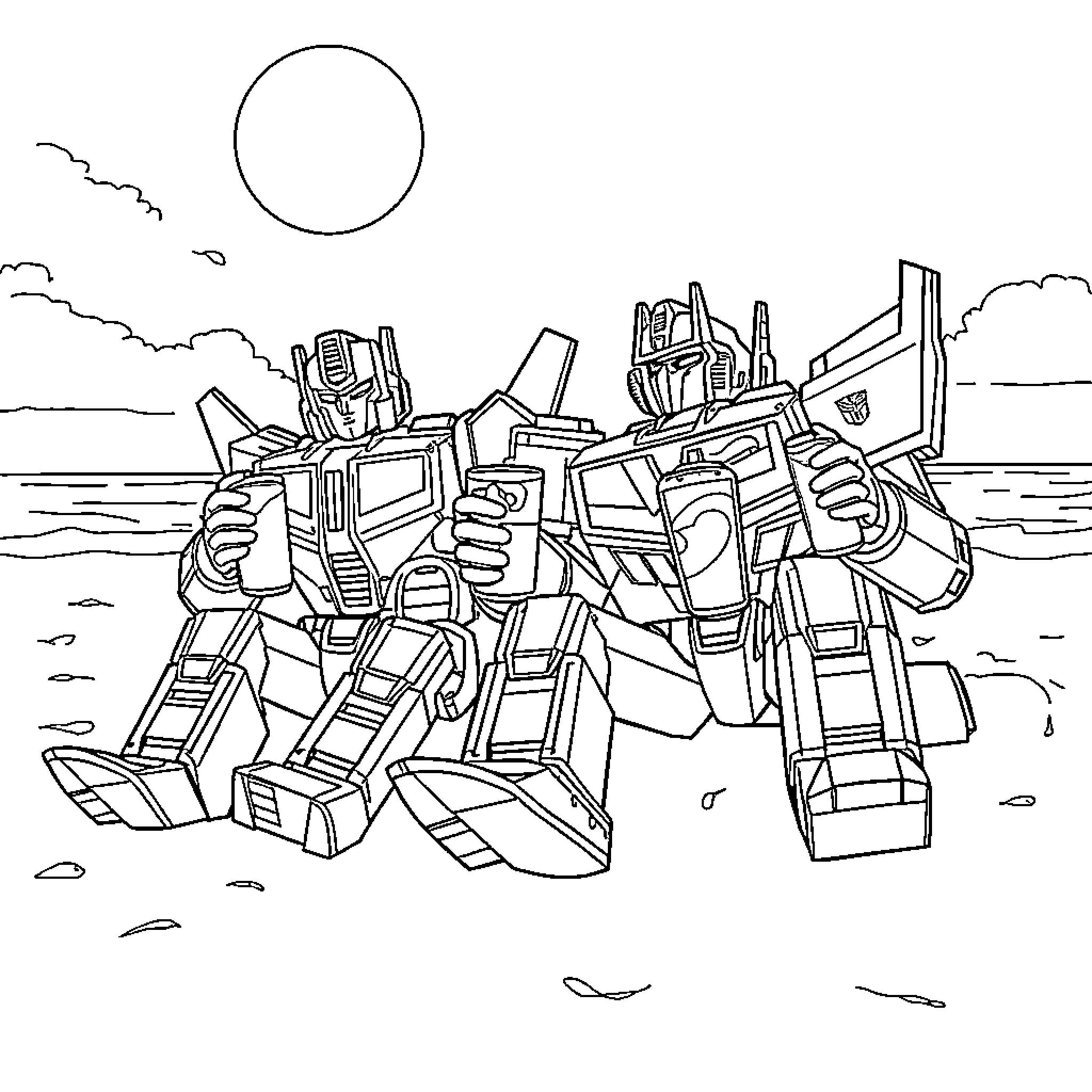 Transformer robot in heroic battle stance Coloring Page (free black-and-white line drawing printable PDF for all, from beginners to advanced learners, including children, teens, adults, and seniors)