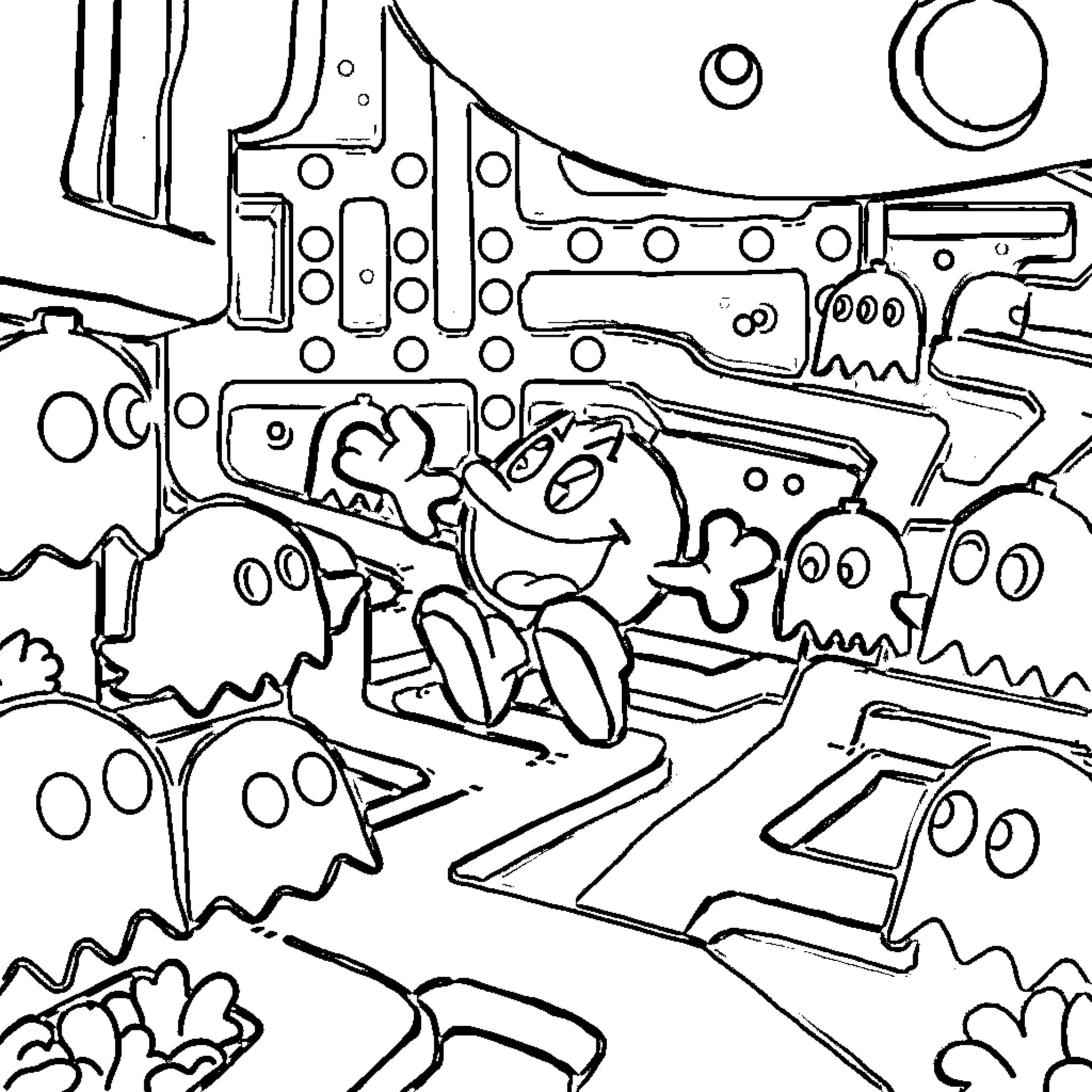Pacman navigating through a playful, abstract landscape Coloring Page (free black-and-white line drawing printable PDF for all, from beginners to advanced learners, including children, teens, adults, and seniors)