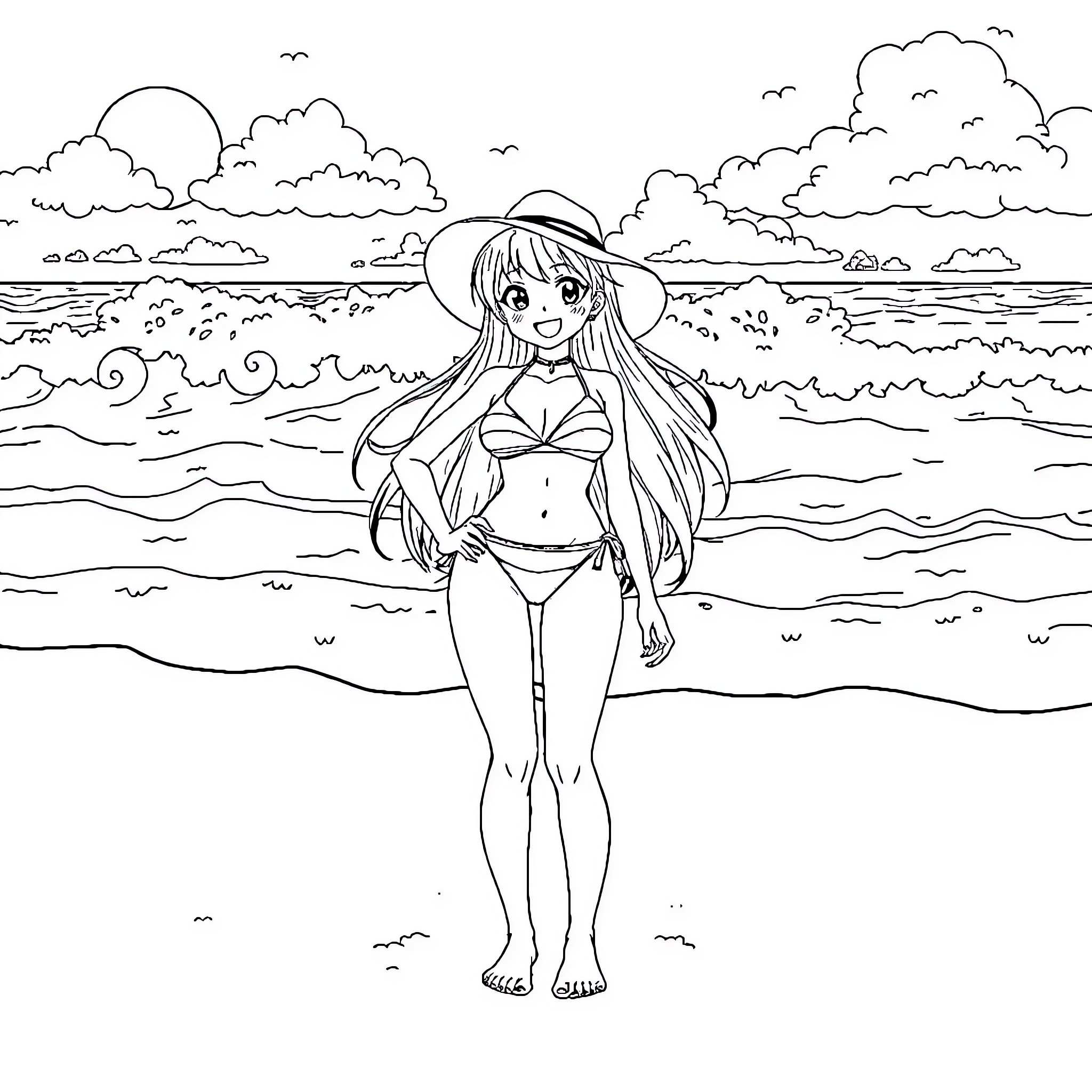 Anime Girl Standing on Beach with Ocean Scenery Coloring Page (free black-and-white line drawing printable PDF for all, from beginners to advanced learners, including children, teens, adults, and seniors)