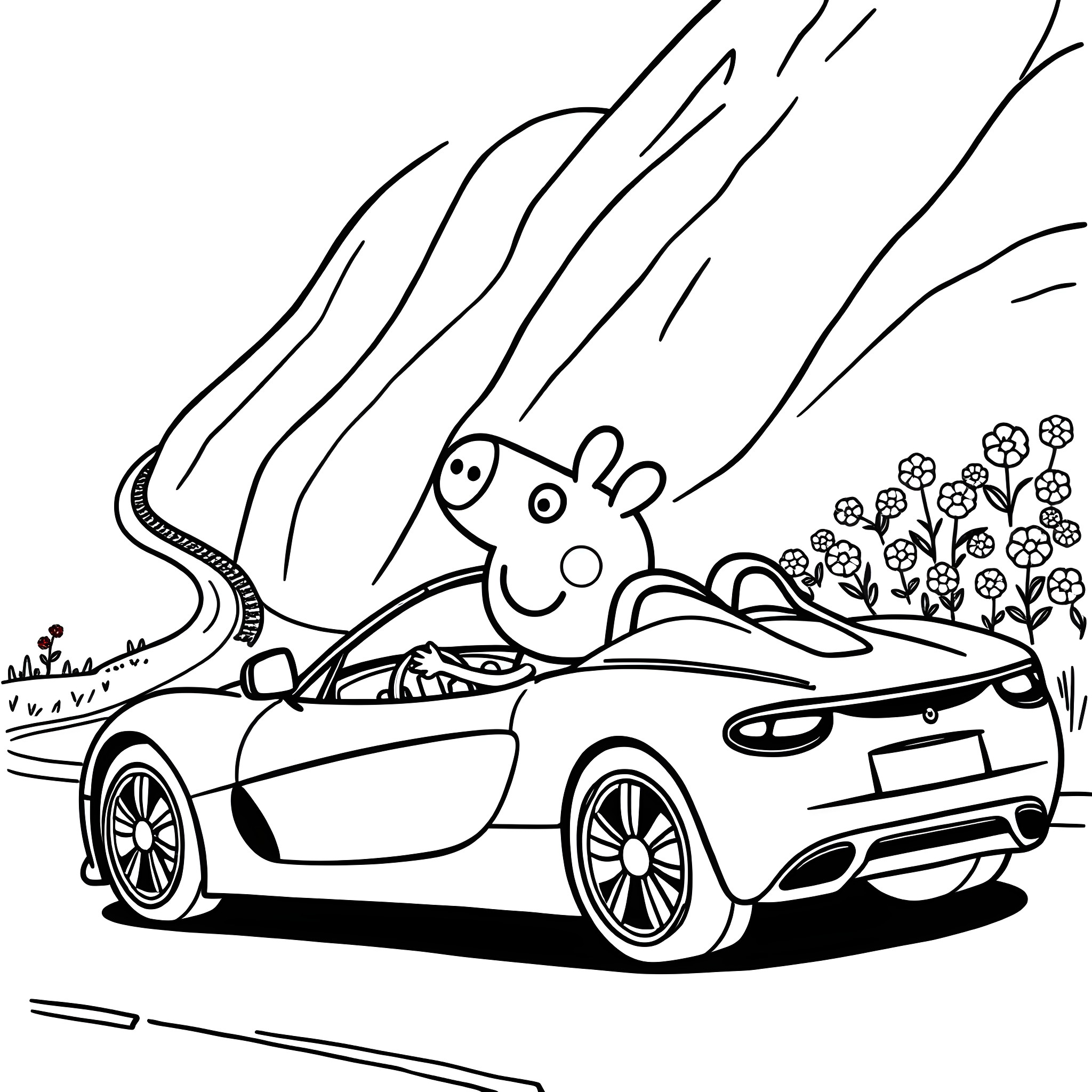 Peppa Pig goes for a car ride through the countryside Coloring Page (free black-and-white line drawing printable PDF for all, from beginners to advanced learners, including children, teens, adults, and seniors)