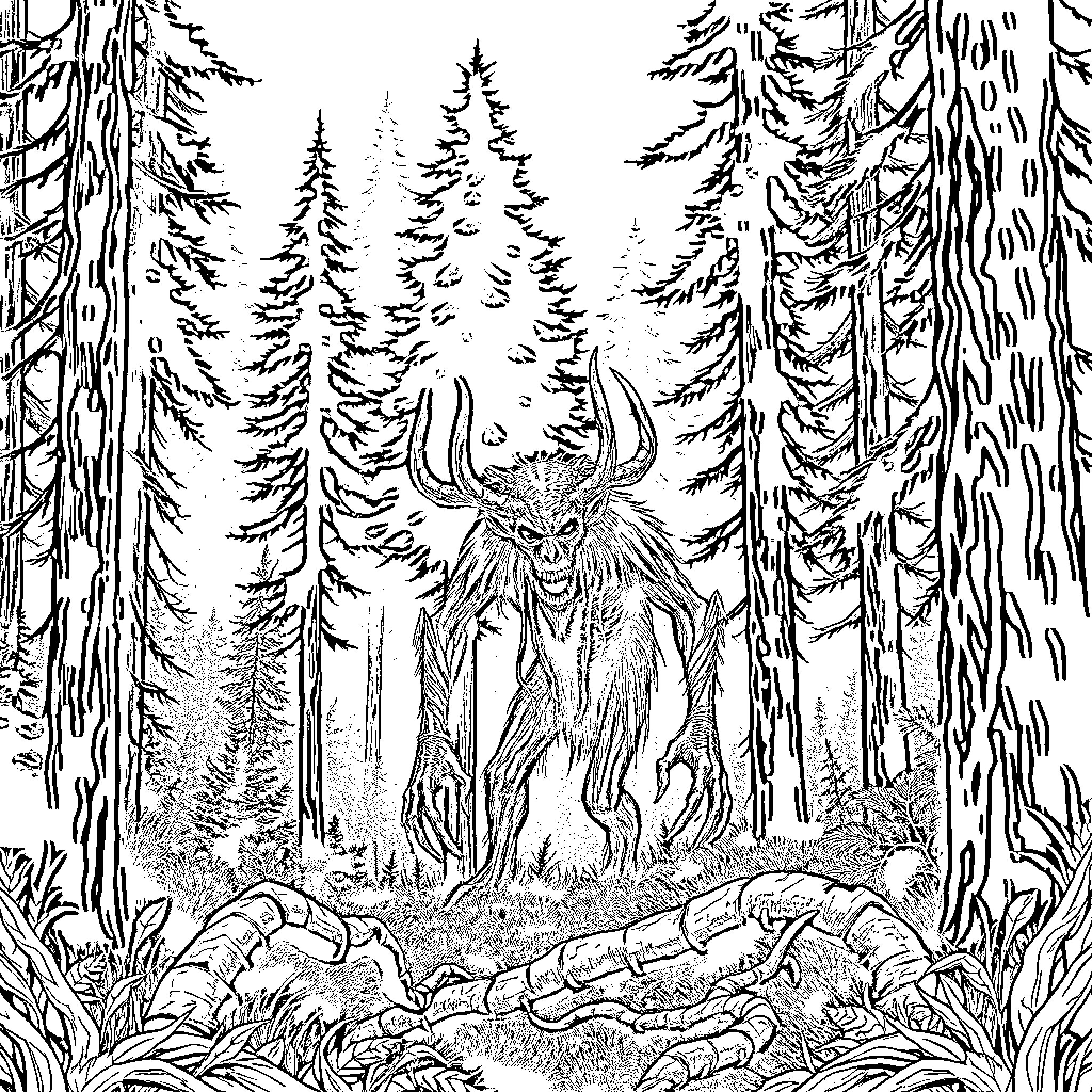 Wendigo Stalking in the Shadowy Forest Coloring Page (free black-and-white line drawing printable PDF for all, from beginners to advanced learners, including children, teens, adults, and seniors)