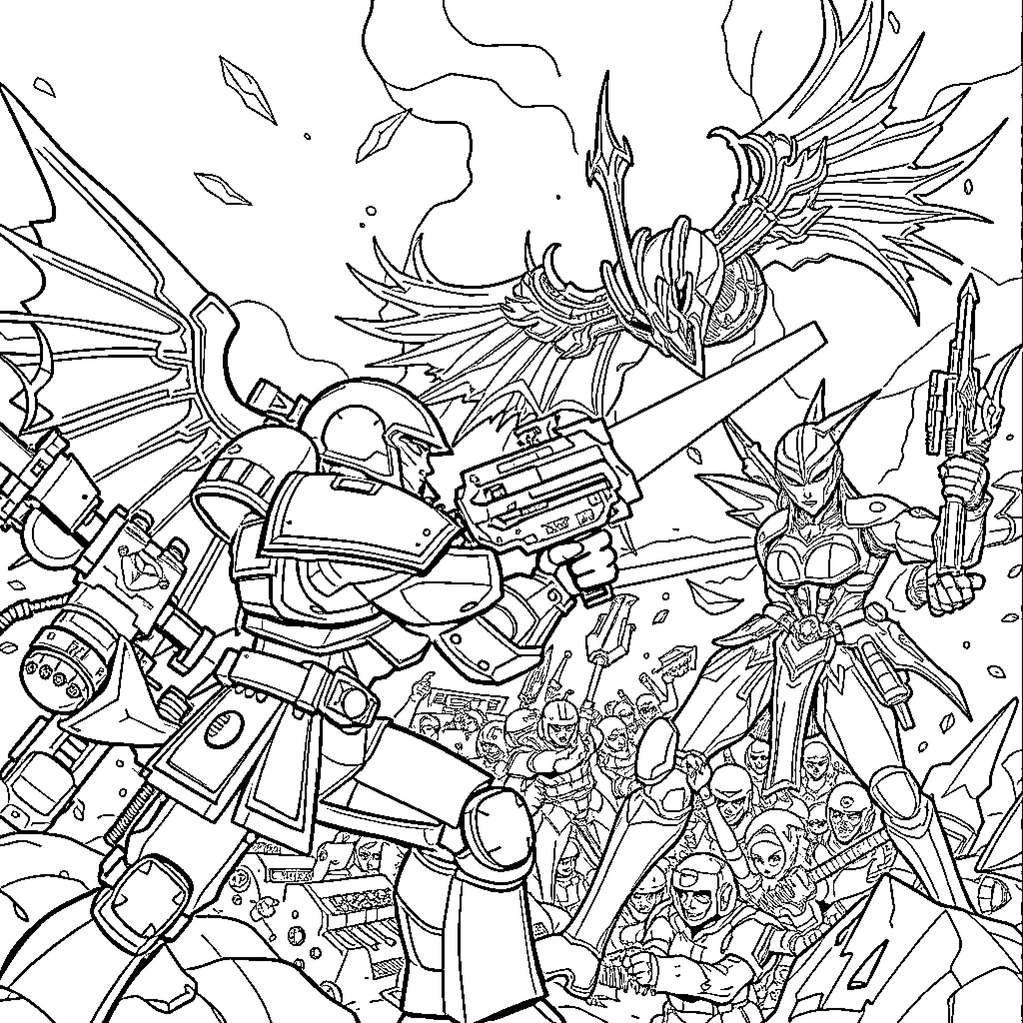 Blood Angel facing off against formidable foes in epic battle Coloring Page (free black-and-white line drawing printable PDF for all, from beginners to advanced learners, including children, teens, adults, and seniors)