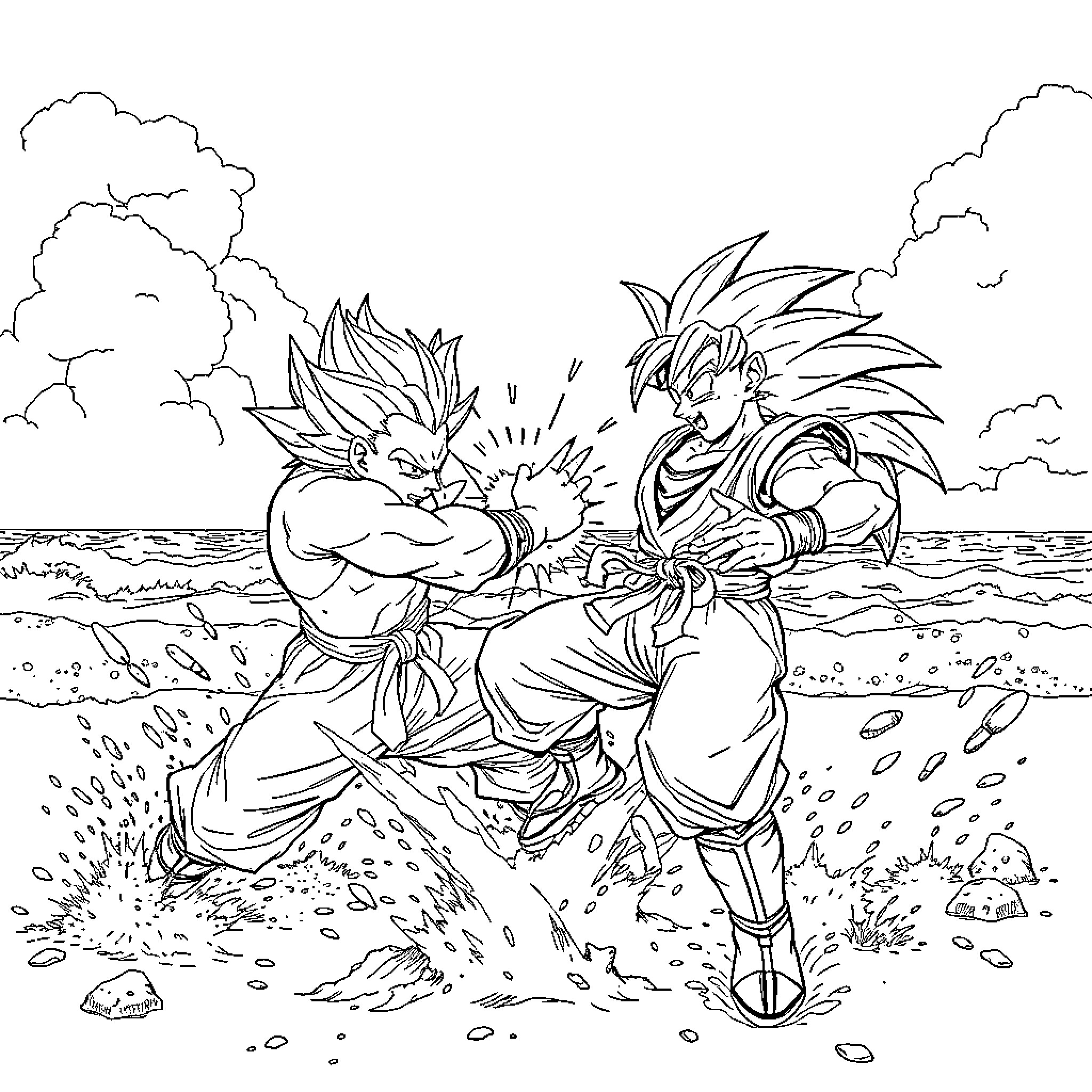 Gojo Characters Battling in Dramatic Outdoor Scene Coloring Page (free black-and-white line drawing printable PDF for all, from beginners to advanced learners, including children, teens, adults, and seniors)