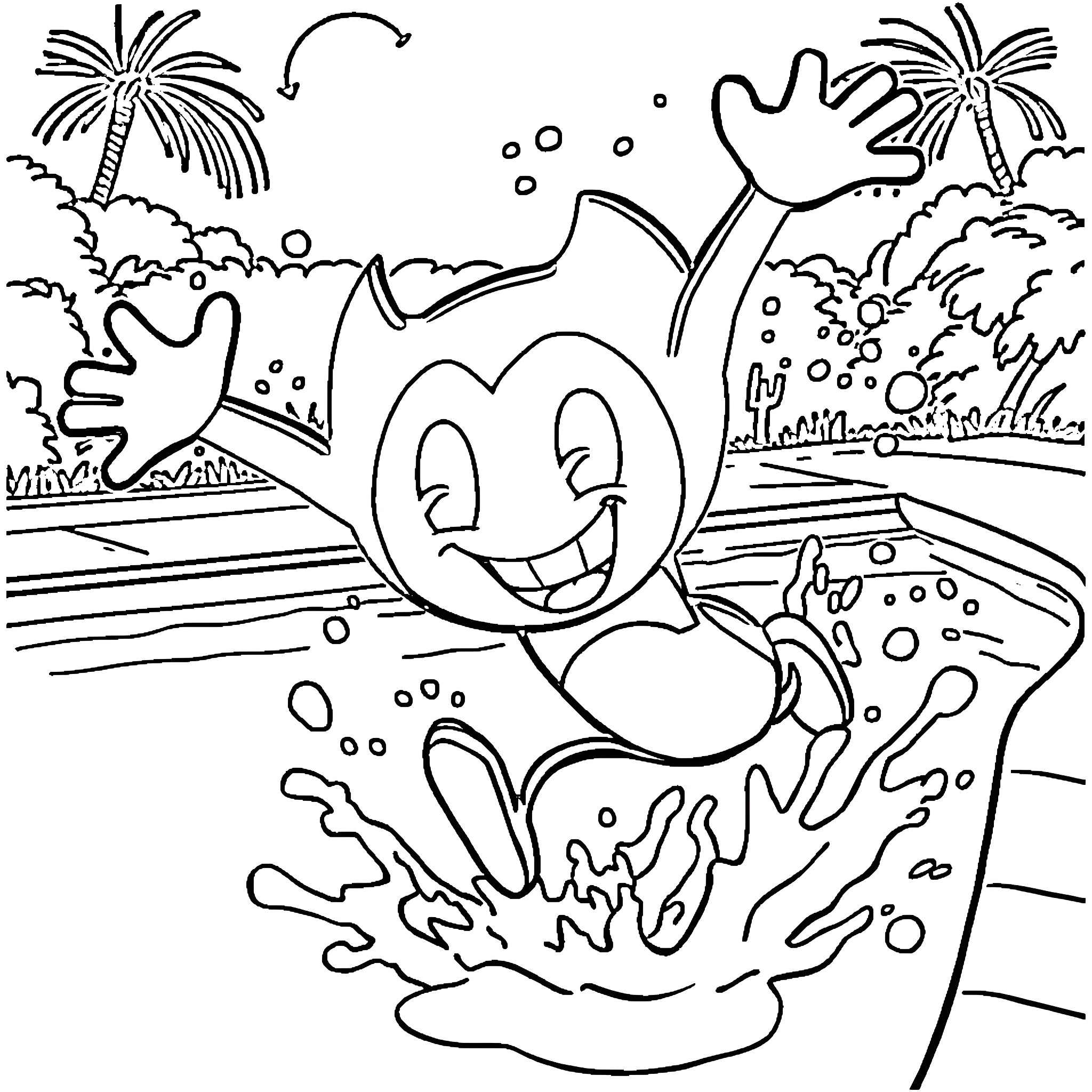 Bendy cartoon character splashing in the ocean Coloring Page (free black-and-white line drawing printable PDF for all, from beginners to advanced learners, including children, teens, adults, and seniors)