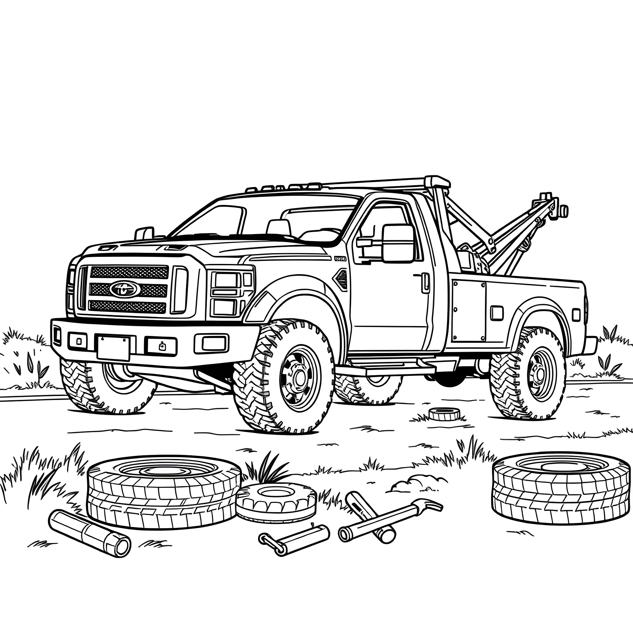 Wrecker truck in rugged terrain Coloring Page (free black-and-white line drawing printable PDF for all, from beginners to advanced learners, including children, teens, adults, and seniors)