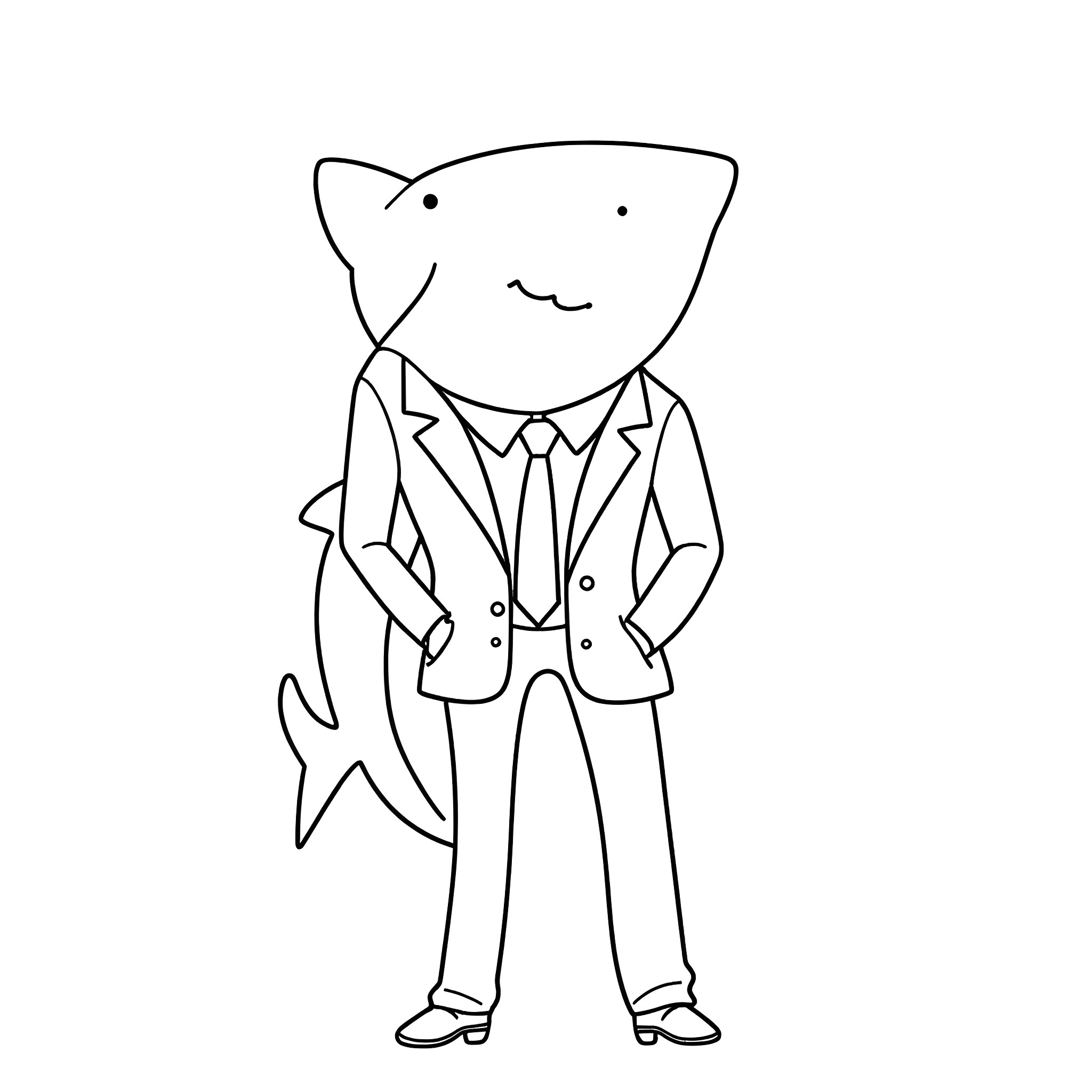 Shark in a business suit happily smiling Coloring Page (free black-and-white line drawing printable PDF for all, from beginners to advanced learners, including children, teens, adults, and seniors)