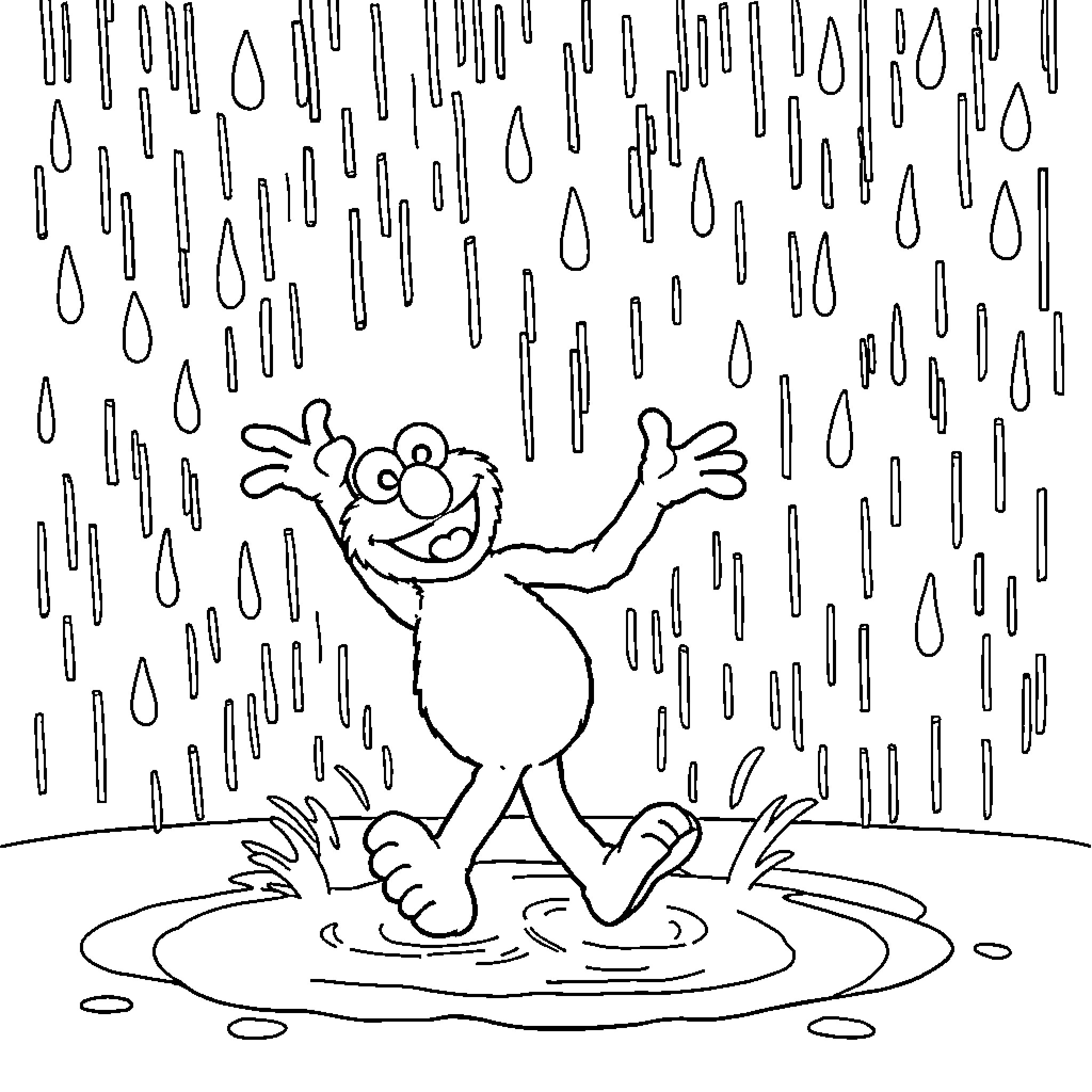 Elmo enjoying the rainy day Coloring Page (free black-and-white line drawing printable PDF for all, from beginners to advanced learners, including children, teens, adults, and seniors)