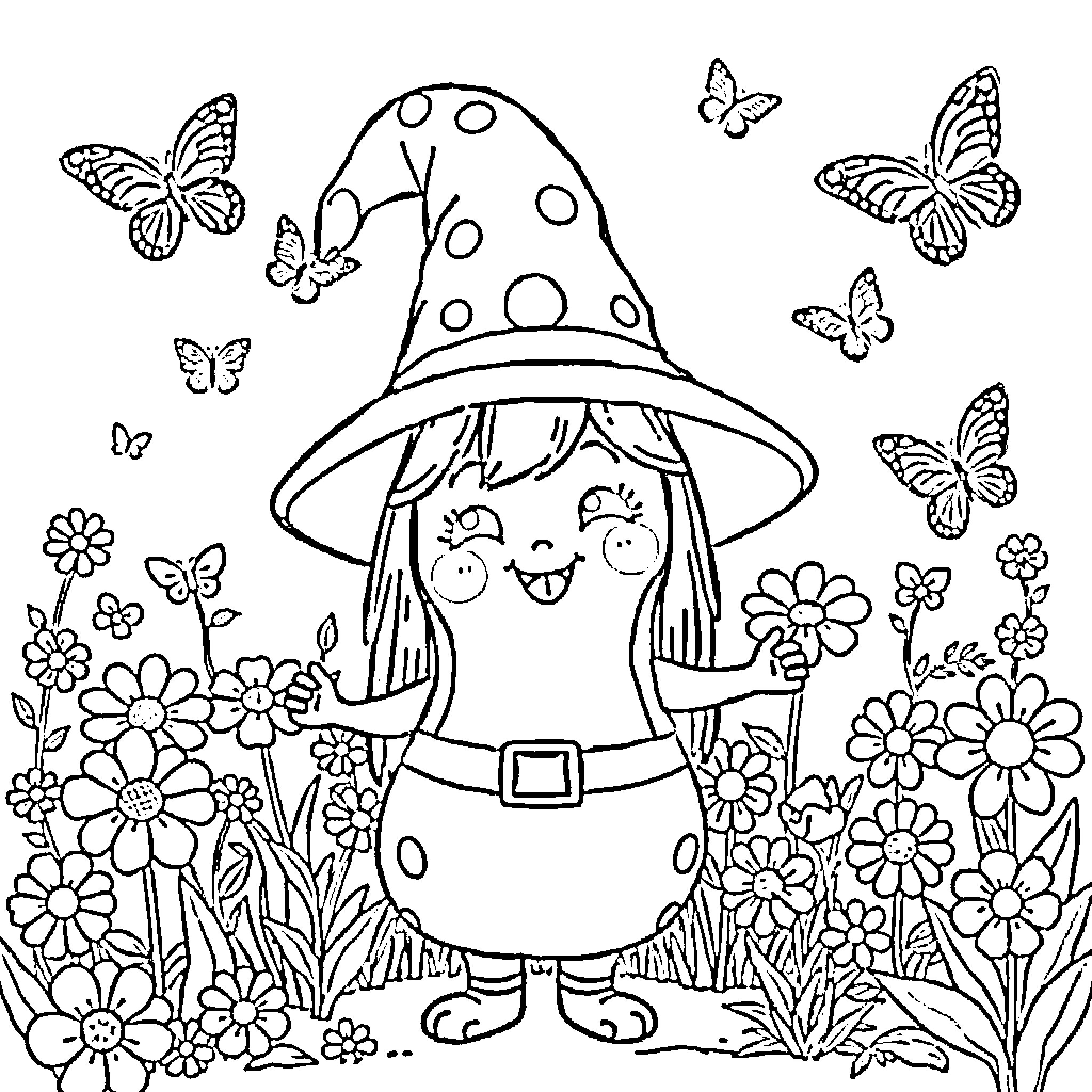 Peanut character surrounded by flowers and butterflies Coloring Page (free black-and-white line drawing printable PDF for all, from beginners to advanced learners, including children, teens, adults, and seniors)