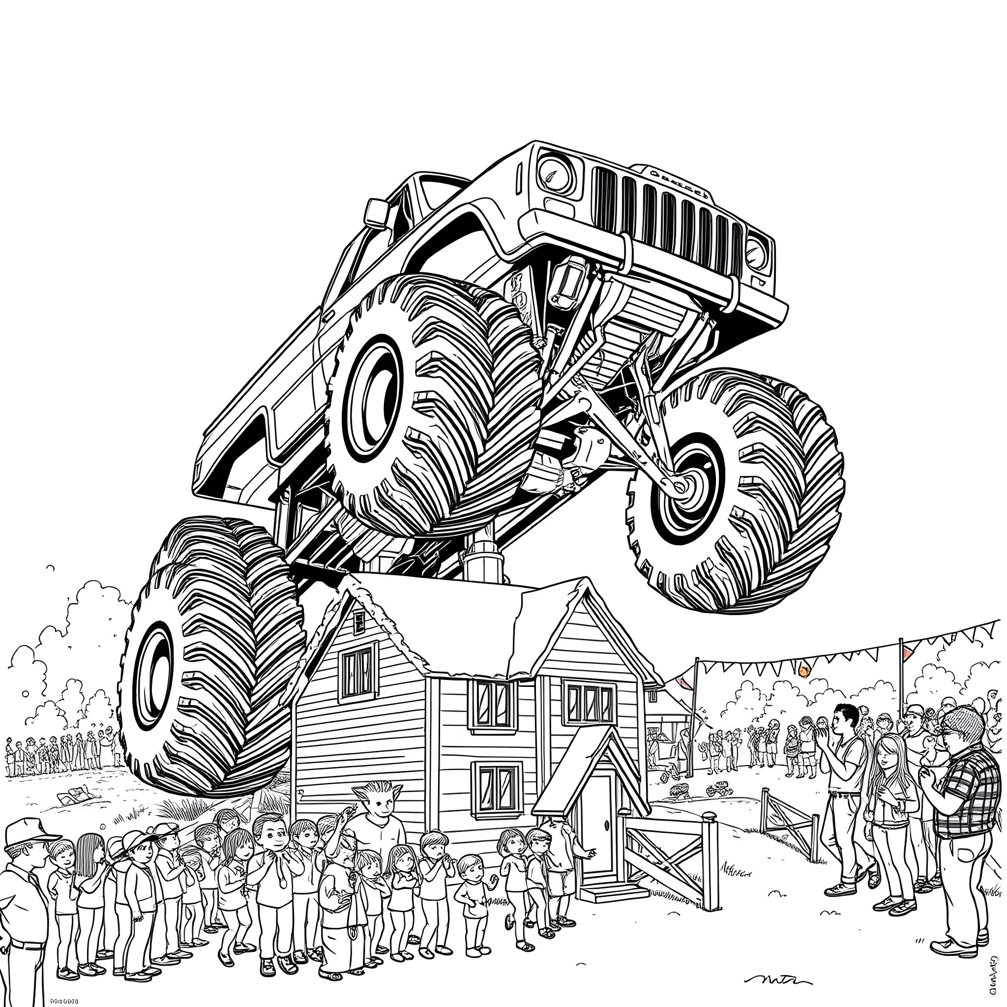 Monster Truck Crushing Toy House at Community Event Coloring Page (free black-and-white line drawing printable PDF for all, from beginners to advanced learners, including children, teens, adults, and seniors)