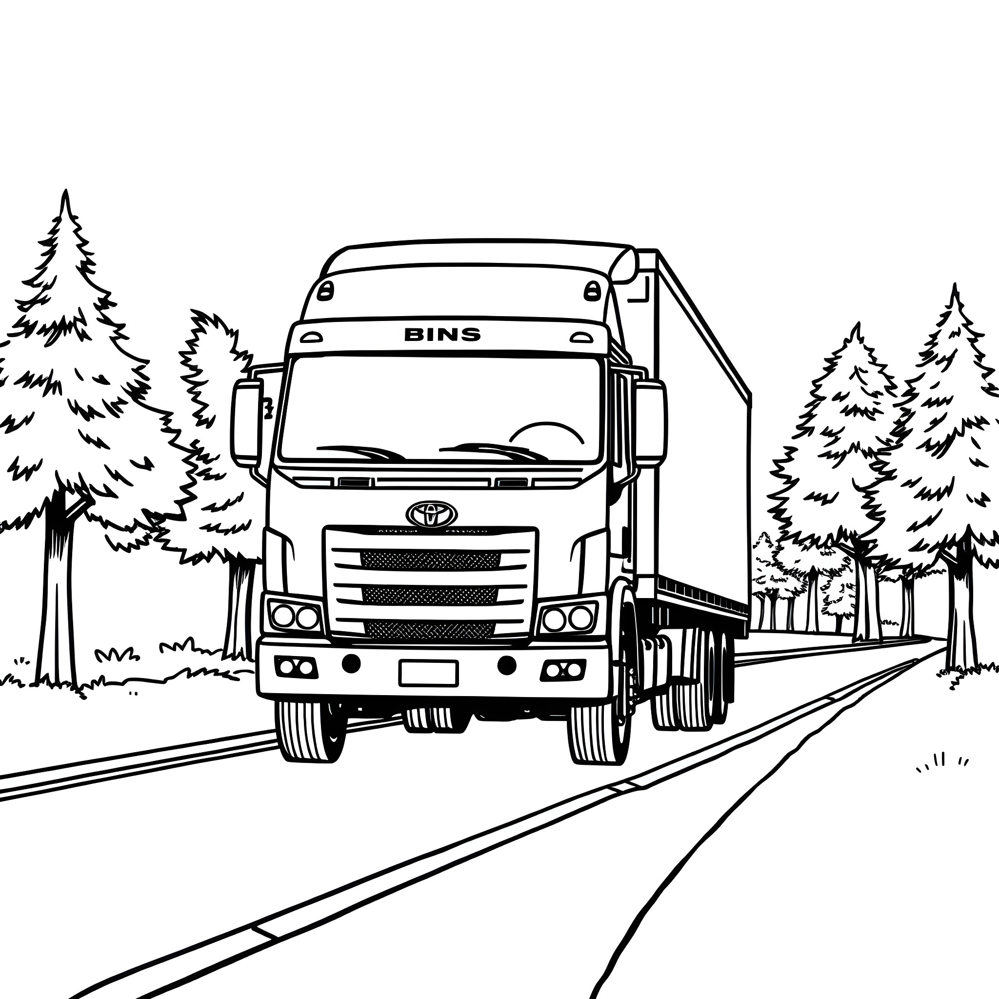 Truck transporting goods on a scenic road Coloring Page (free black-and-white line drawing printable PDF for all, from beginners to advanced learners, including children, teens, adults, and seniors)