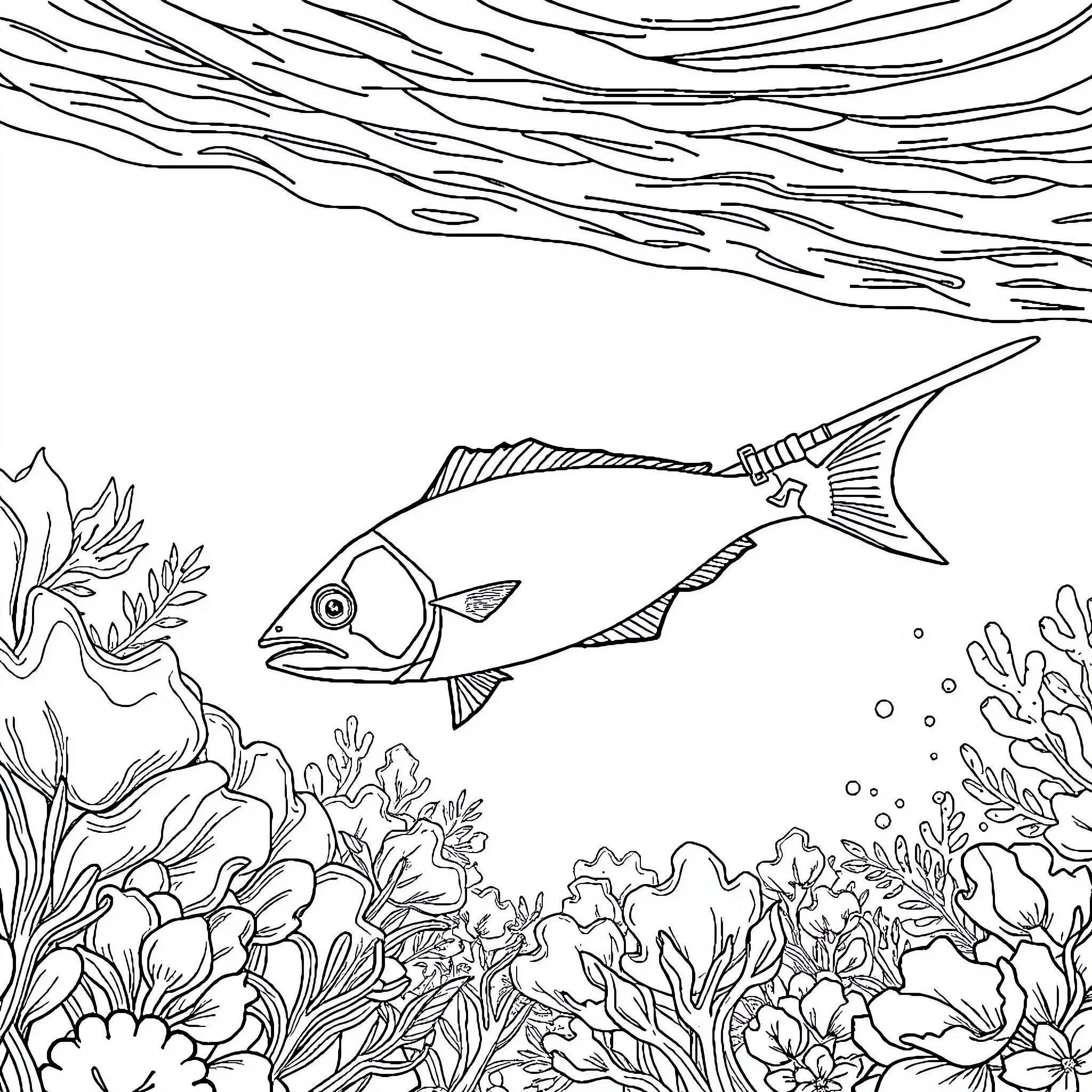 Spearfisher exploring the underwater reef landscape Coloring Page (free black-and-white line drawing printable PDF for all, from beginners to advanced learners, including children, teens, adults, and seniors)