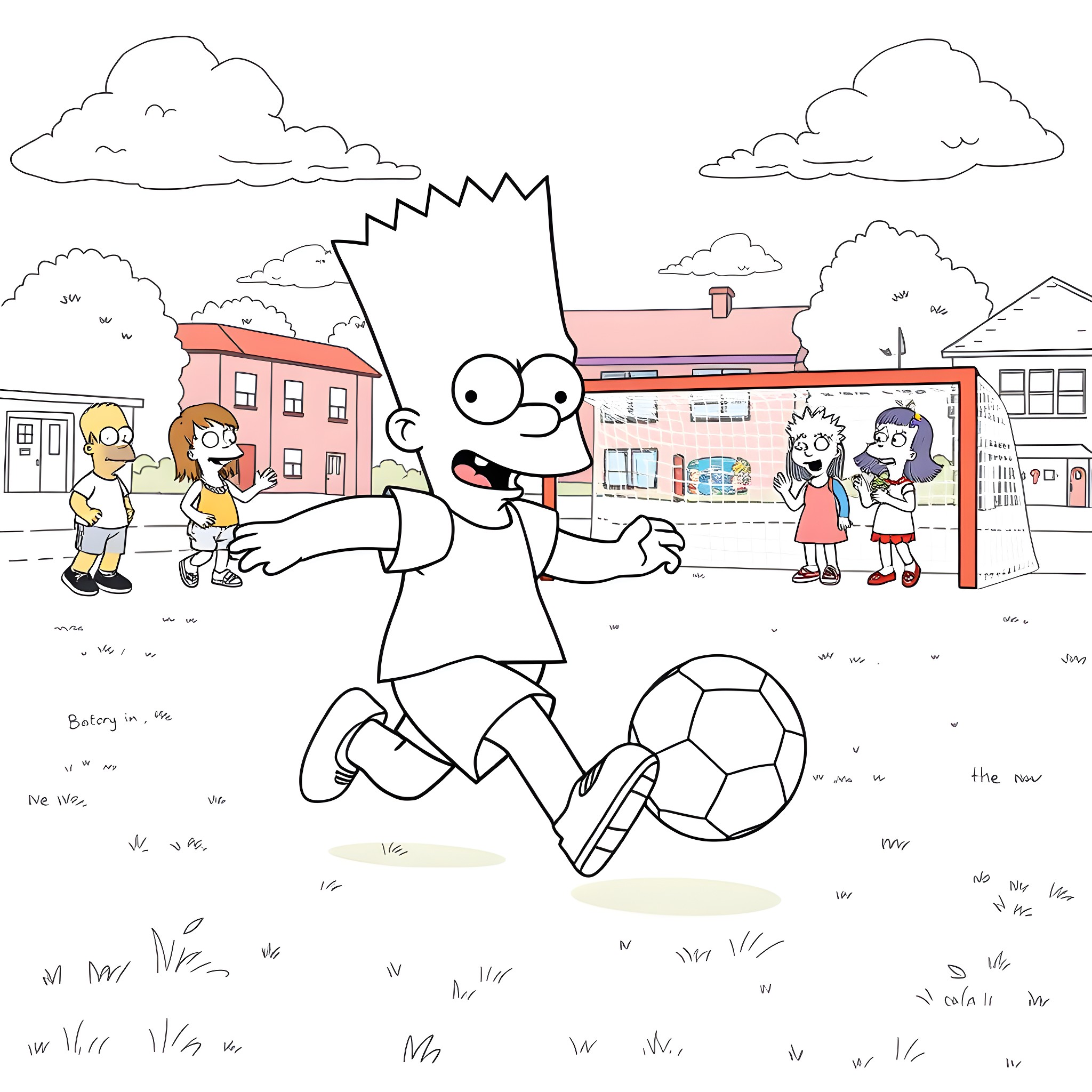 Bart Simpson playing soccer in the neighborhood Coloring Page (free black-and-white line drawing printable PDF for all, from beginners to advanced learners, including children, teens, adults, and seniors)
