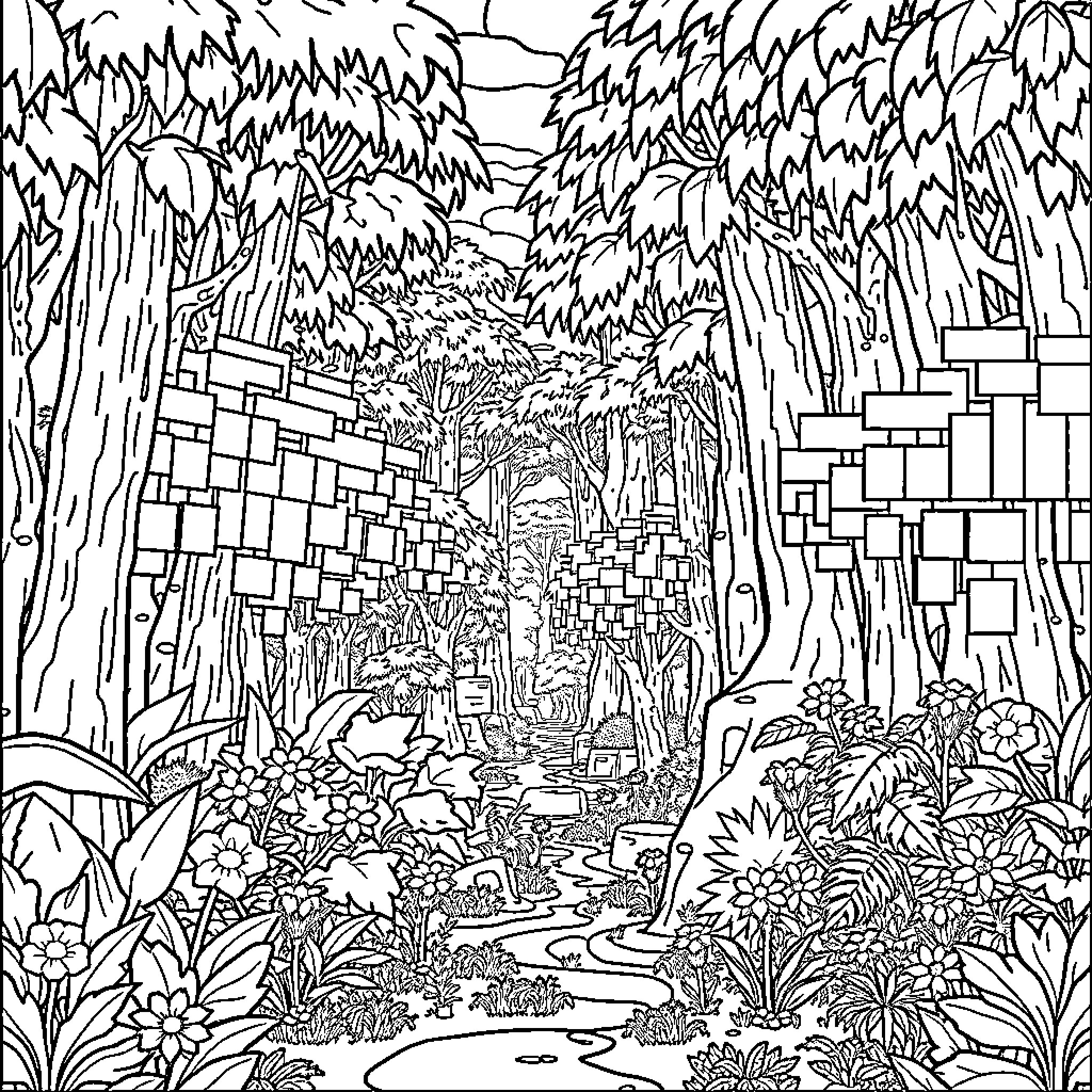 Rainforest Enchanted Pathway Coloring Page (free black-and-white line drawing printable PDF for all, from beginners to advanced learners, including children, teens, adults, and seniors)