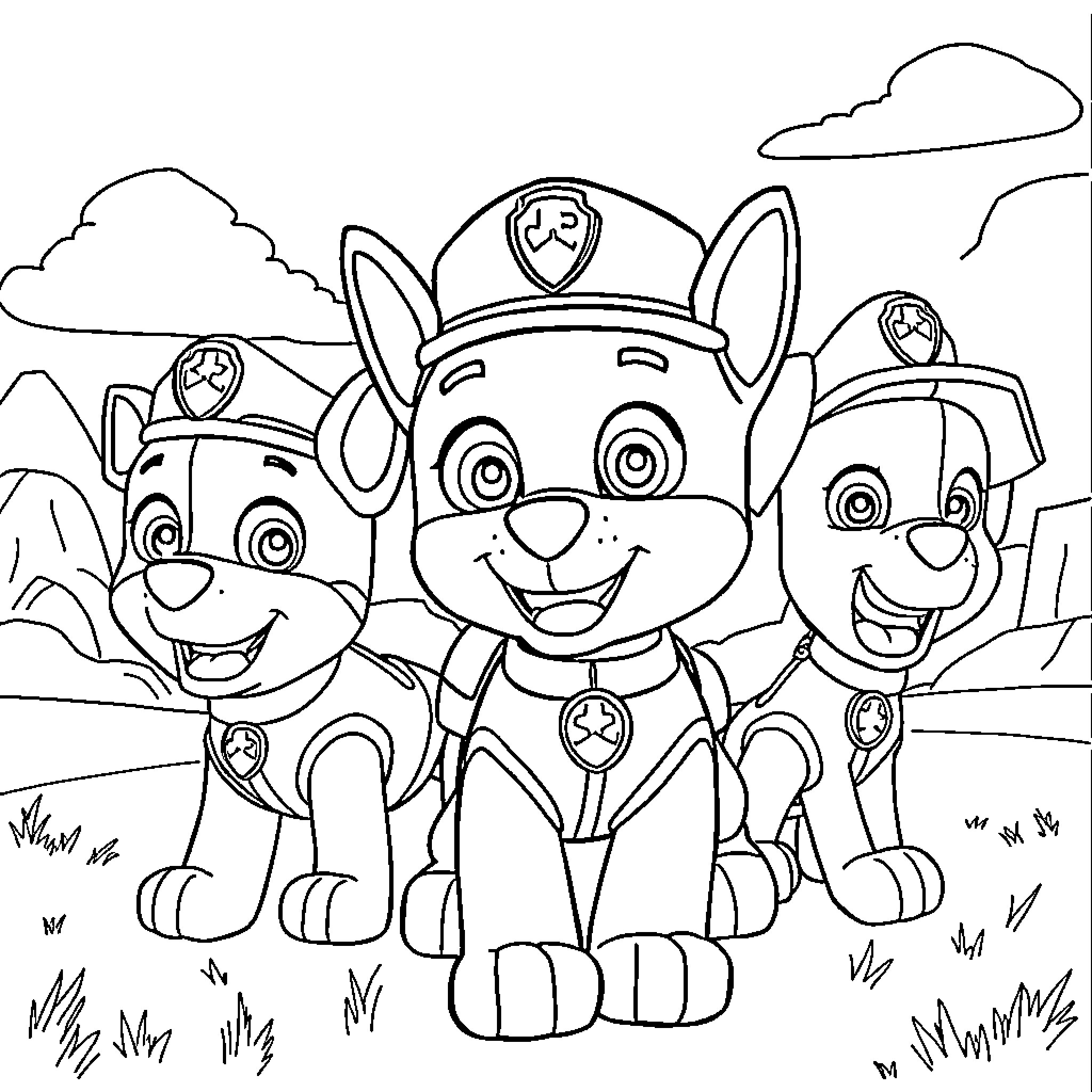 Paw Patrol team members in uniform on patrol Coloring Page (free black-and-white line drawing printable PDF for all, from beginners to advanced learners, including children, teens, adults, and seniors)