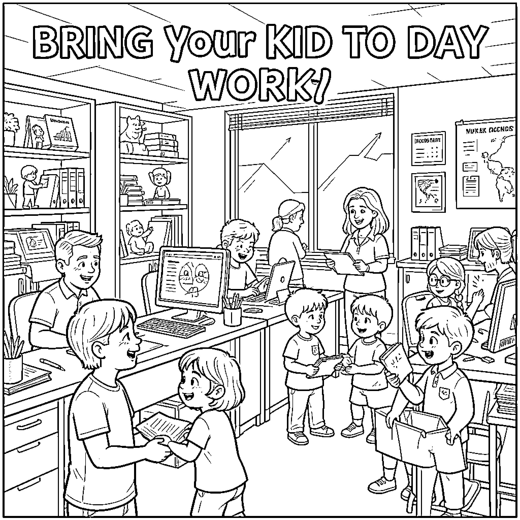 Kid's Busy Day at Work with Adults Coloring Page (free black-and-white line drawing printable PDF for all, from beginners to advanced learners, including children, teens, adults, and seniors)