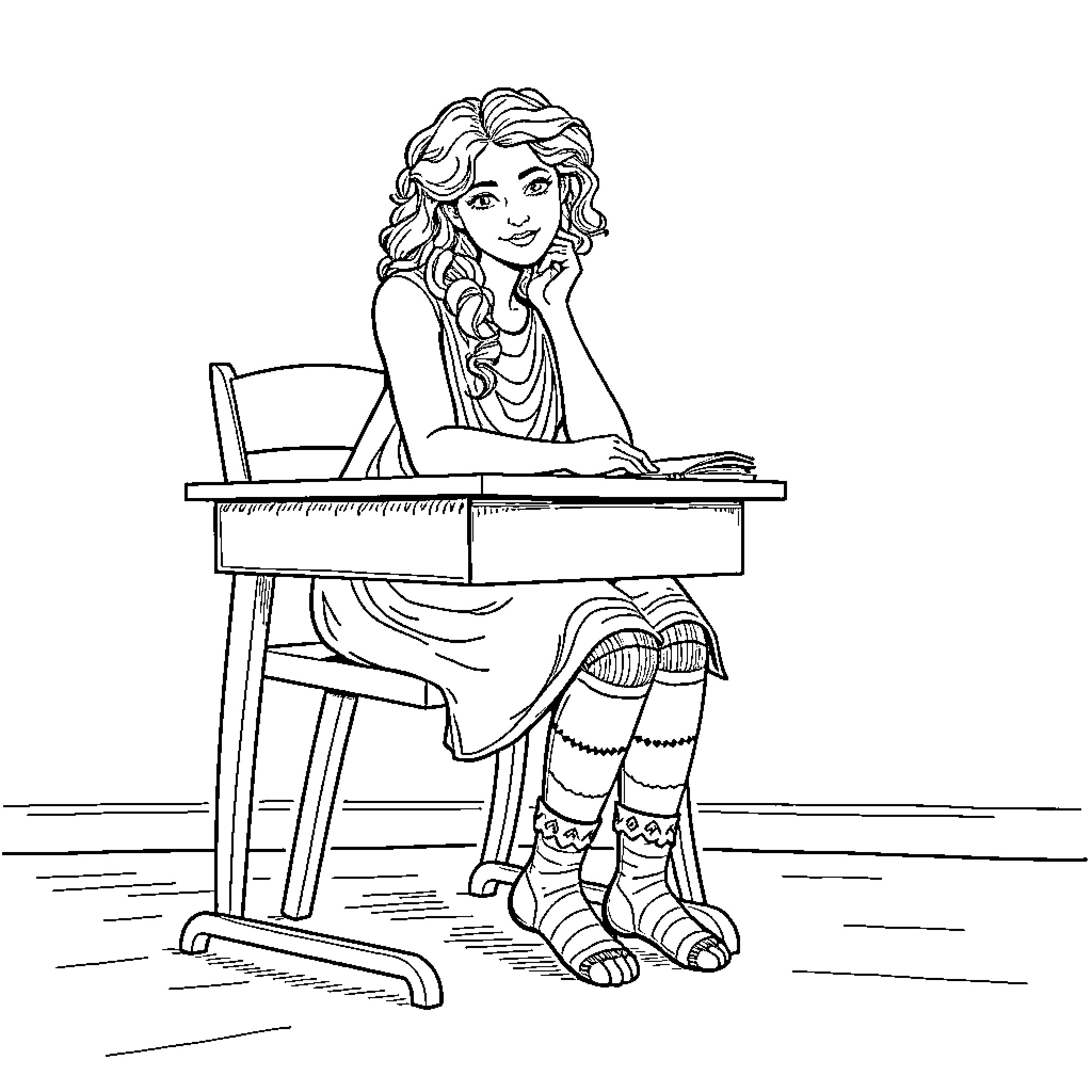 Sappho studying thoughtfully at her desk Coloring Page (free black-and-white line drawing printable PDF for all, from beginners to advanced learners, including children, teens, adults, and seniors)