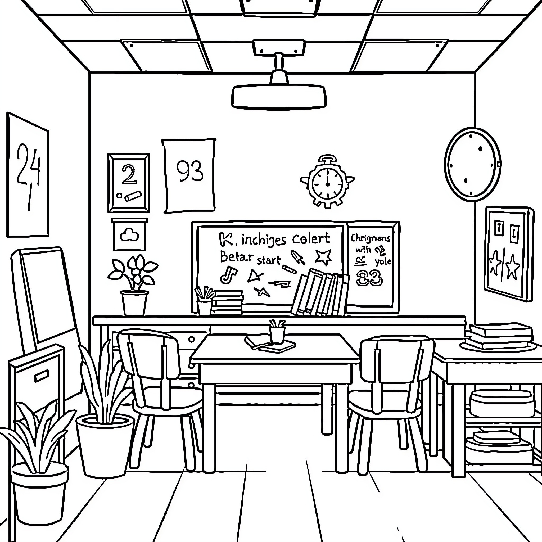 Kindergarten Classroom with Desks, Chairs, and Educational Supplies Coloring Page (free black-and-white line drawing printable PDF for all, from beginners to advanced learners, including children, teens, adults, and seniors)