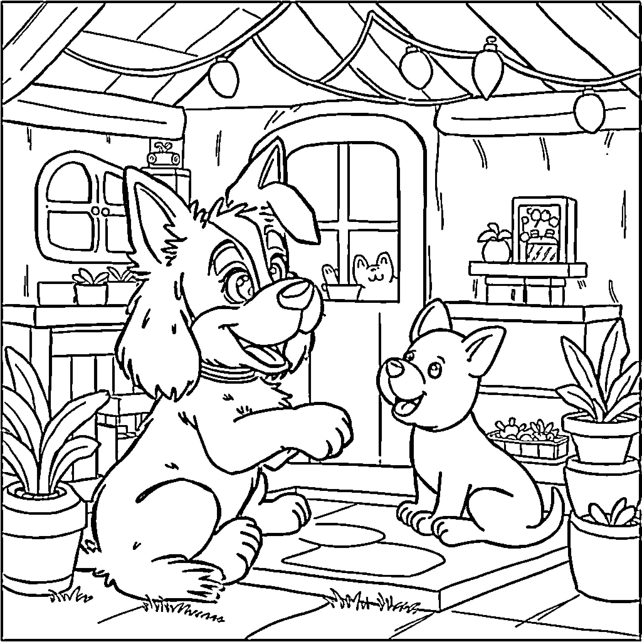 Paw Patrol Puppies in Cozy Cabin Scene Coloring Page (free black-and-white line drawing printable PDF for all, from beginners to advanced learners, including children, teens, adults, and seniors)
