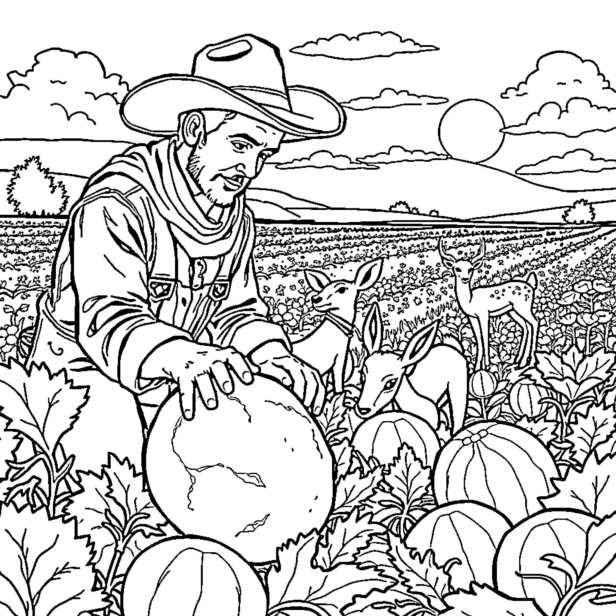 Cowboy tending to pumpkins in the countryside Coloring Page (free black-and-white line drawing printable PDF for all, from beginners to advanced learners, including children, teens, adults, and seniors)