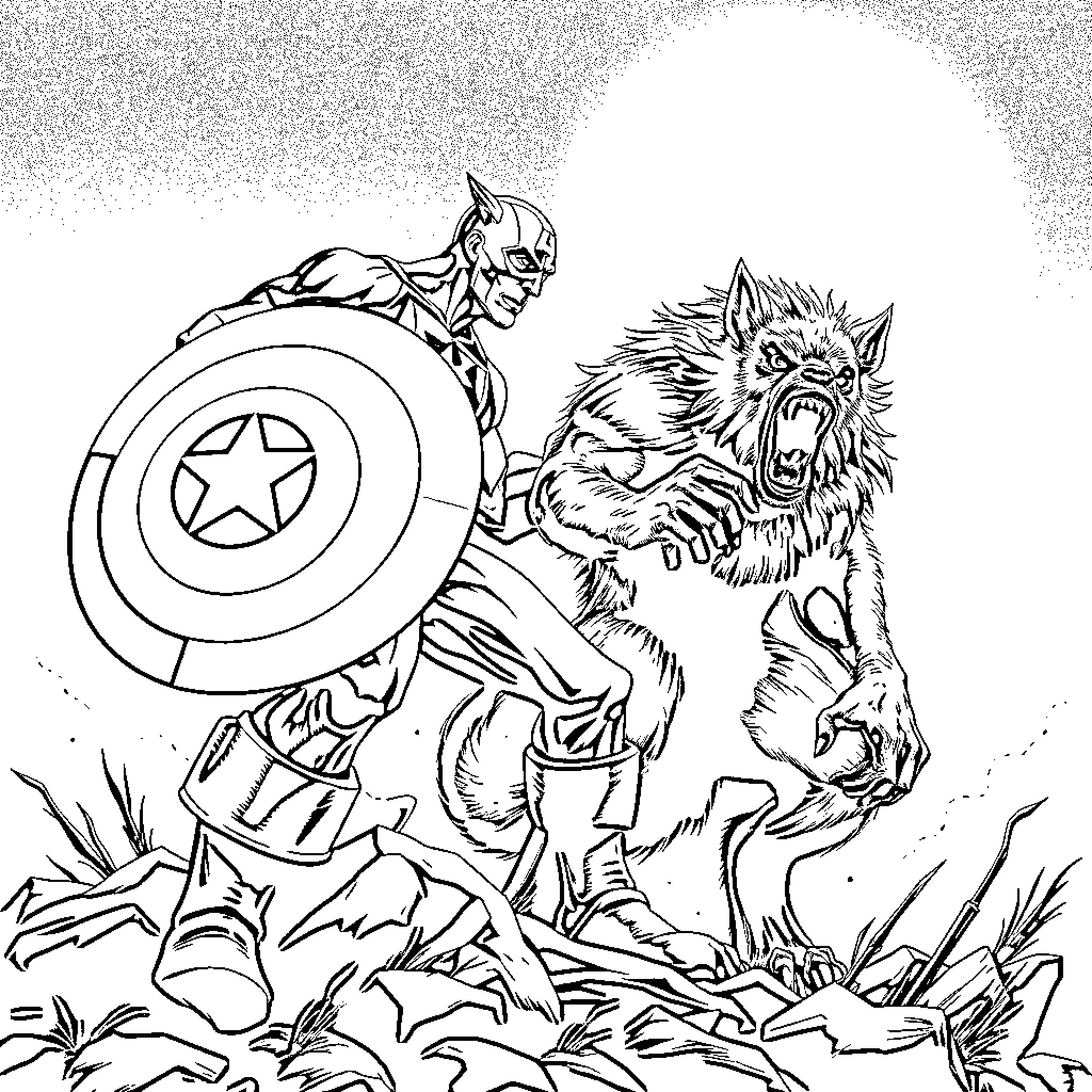Captain America battling a fierce wolf-like creature Coloring Page (free black-and-white line drawing printable PDF for all, from beginners to advanced learners, including children, teens, adults, and seniors)