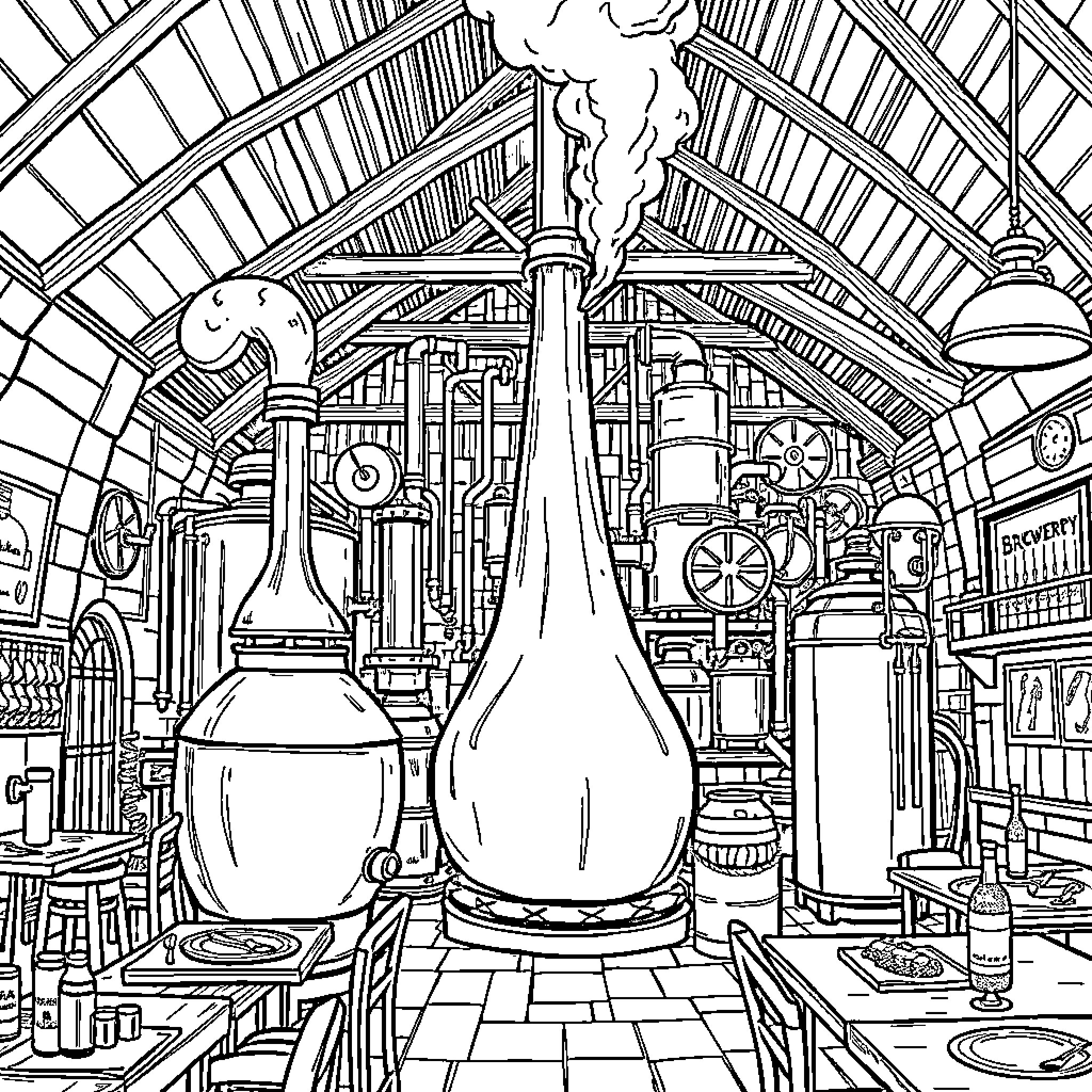 Distillery with Intricate Machinery and Apparatus Coloring Page (free black-and-white line drawing printable PDF for all, from beginners to advanced learners, including children, teens, adults, and seniors)