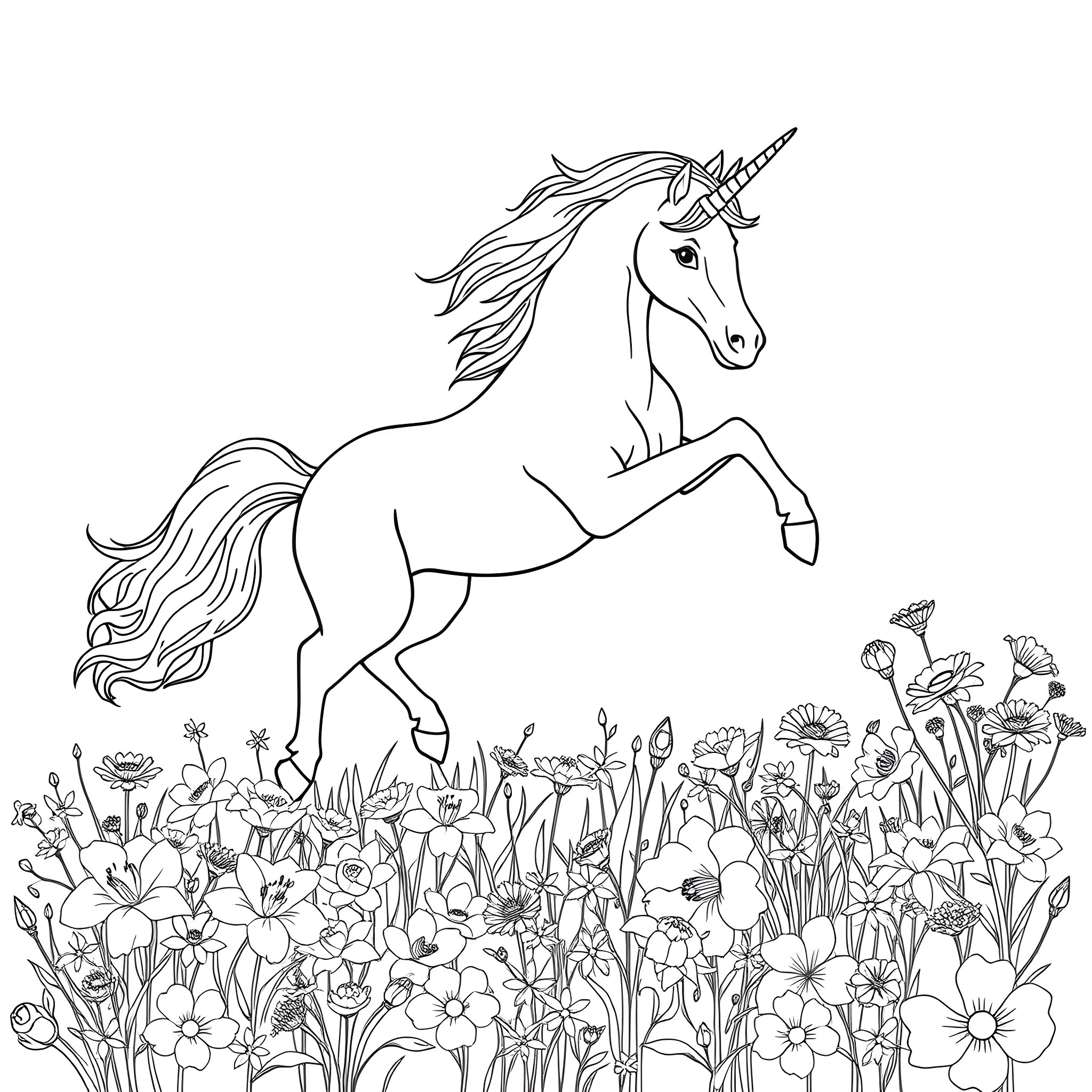 Unicorn leaping among a field of flowers Coloring Page (free black-and-white line drawing printable PDF for all, from beginners to advanced learners, including children, teens, adults, and seniors)