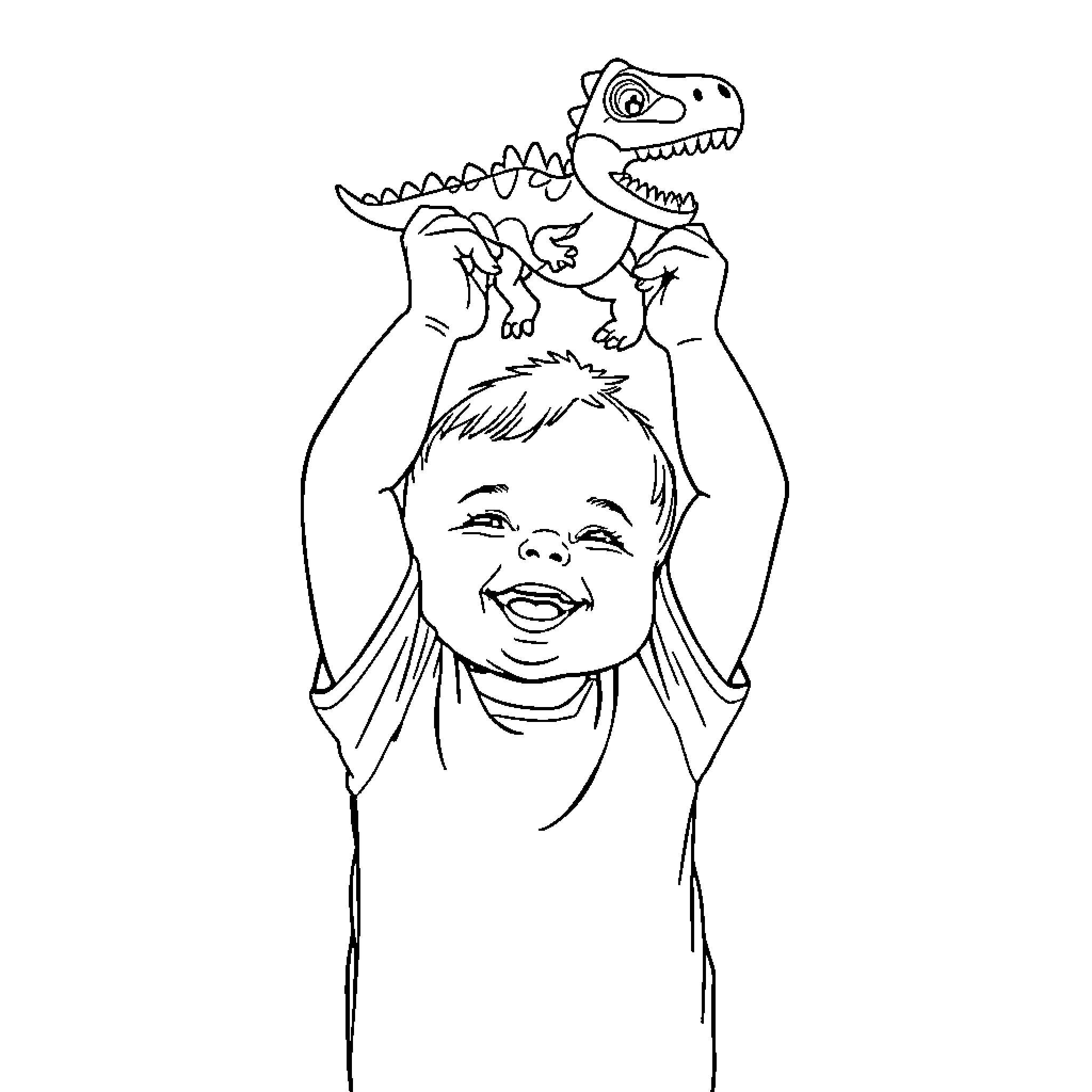 Baby playing joyfully with toy dinosaur Coloring Page (free black-and-white line drawing printable PDF for all, from beginners to advanced learners, including children, teens, adults, and seniors)
