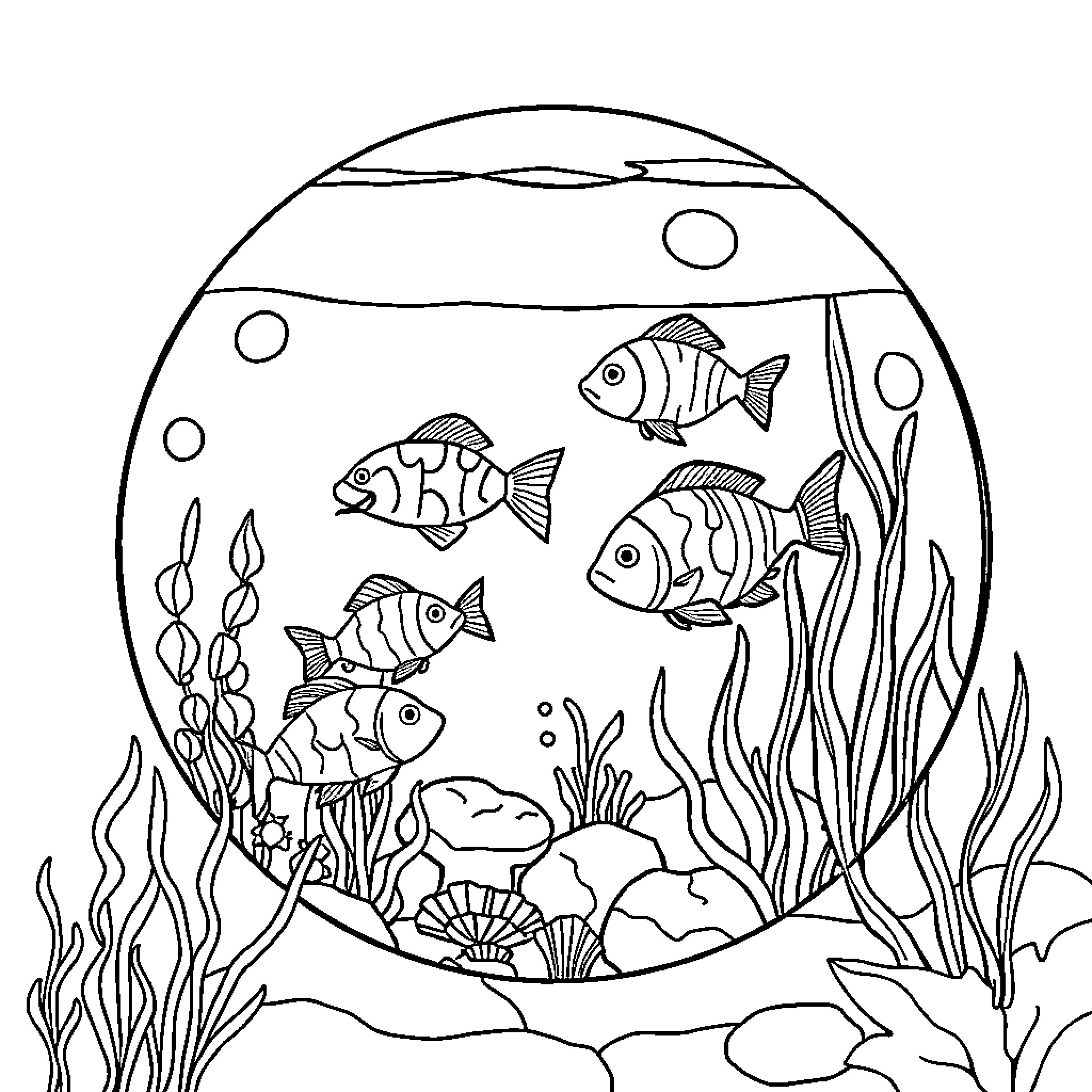 Aquatic Biosphere with Vibrant Marine Life Coloring Page (free black-and-white line drawing printable PDF for all, from beginners to advanced learners, including children, teens, adults, and seniors)