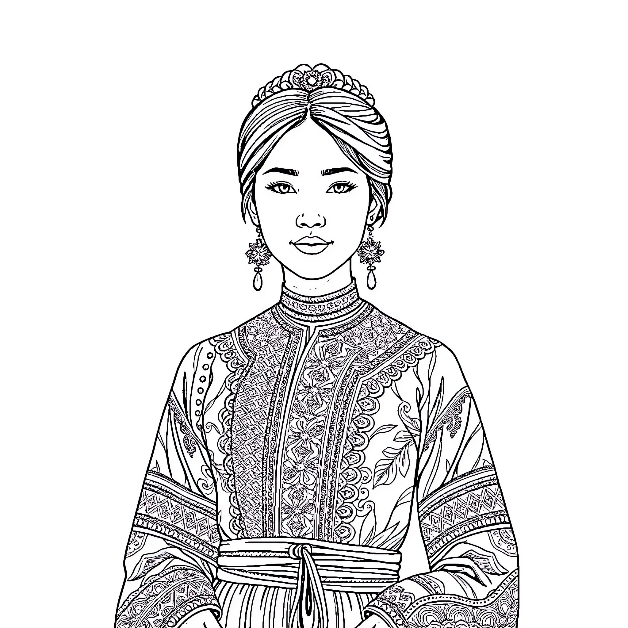 Woman in elaborate traditional ethnic dress Coloring Page (free black-and-white line drawing printable PDF for all, from beginners to advanced learners, including children, teens, adults, and seniors)