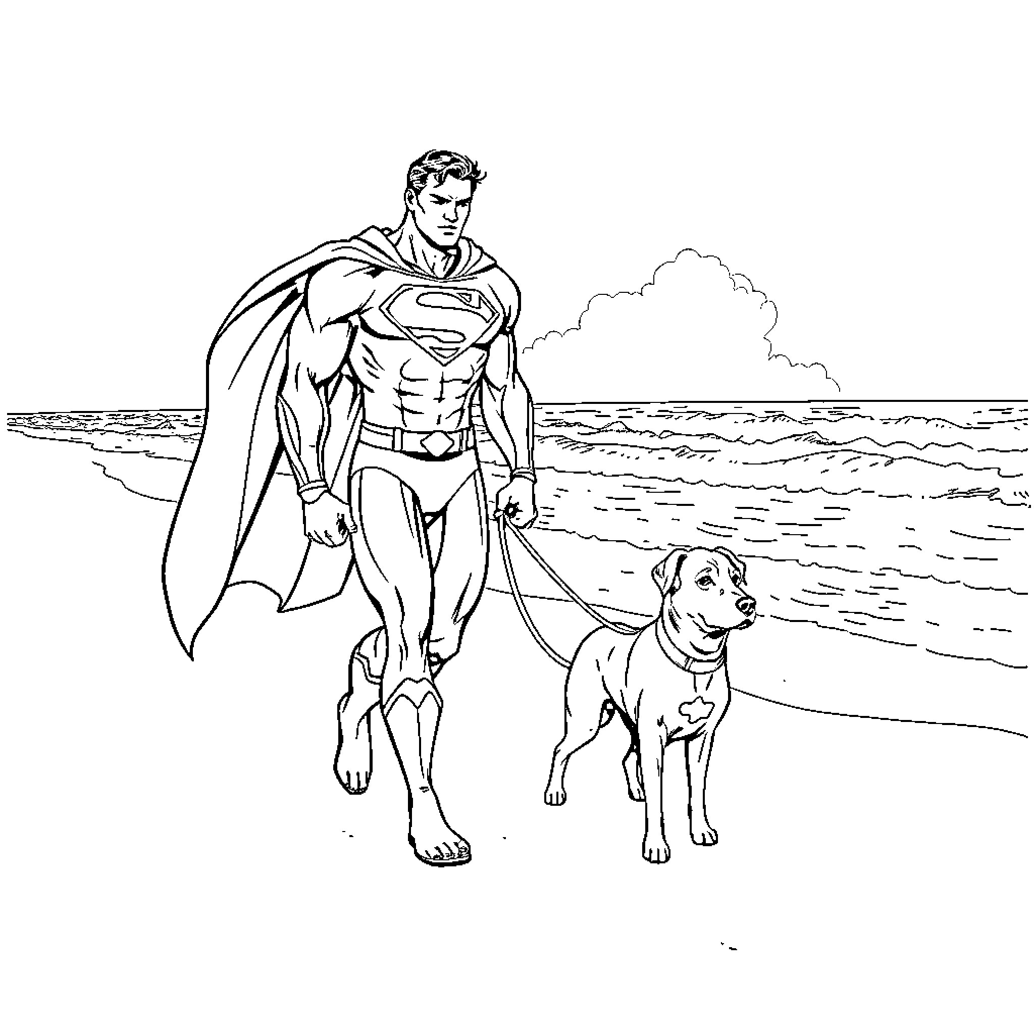 Superman walking his dog on the beach Coloring Page (free black-and-white line drawing printable PDF for all, from beginners to advanced learners, including children, teens, adults, and seniors)