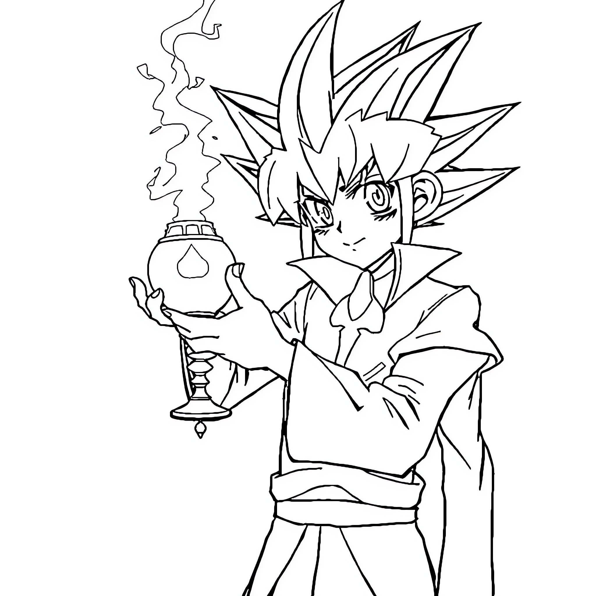 Yugioh character wielding a magical lantern Coloring Page (free black-and-white line drawing printable PDF for all, from beginners to advanced learners, including children, teens, adults, and seniors)
