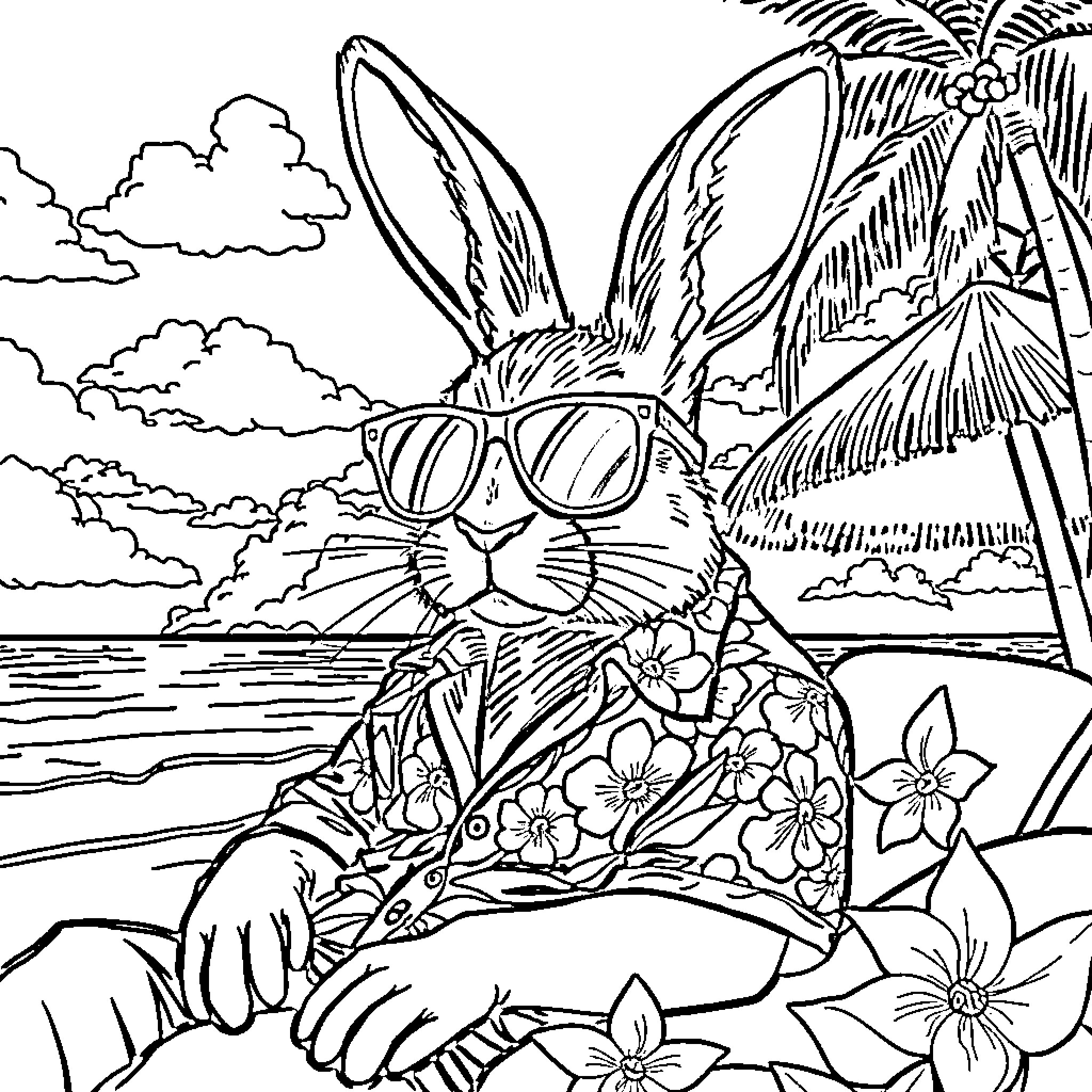 Rabbit enjoying tropical beach with sunglasses Coloring Page (free black-and-white line drawing printable PDF for all, from beginners to advanced learners, including children, teens, adults, and seniors)